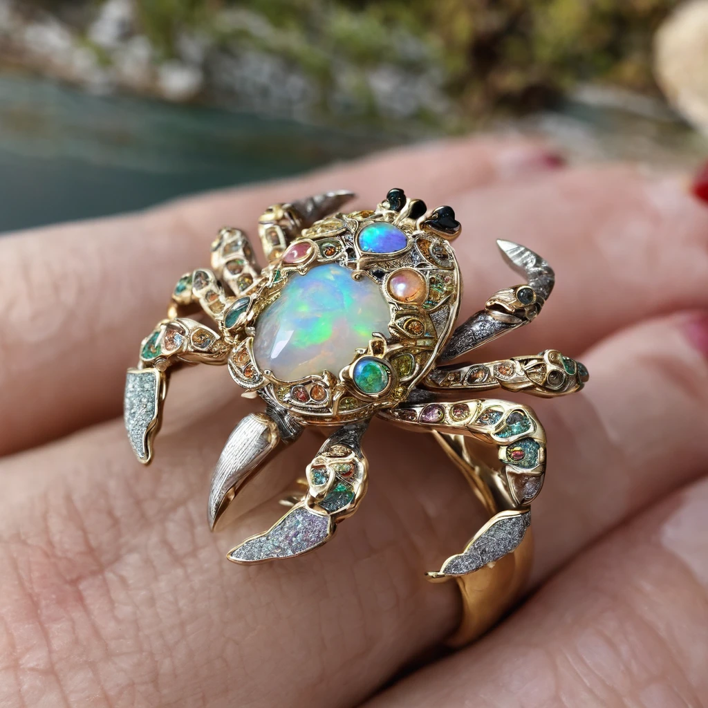 （Close-up of crab gravel opal ring：1.8）, （The body of the crab is made of gravel opal），（The crab's lovely eyes are set with rubies），（The mouth），（2 crab clips wrapped around the ring handle：1.0），Playful tentacles，Complete limbs full of details，对称，（Professional inlaying），copious jewelry, ,Platinum and gold thread，Cute shape，Cartoony，