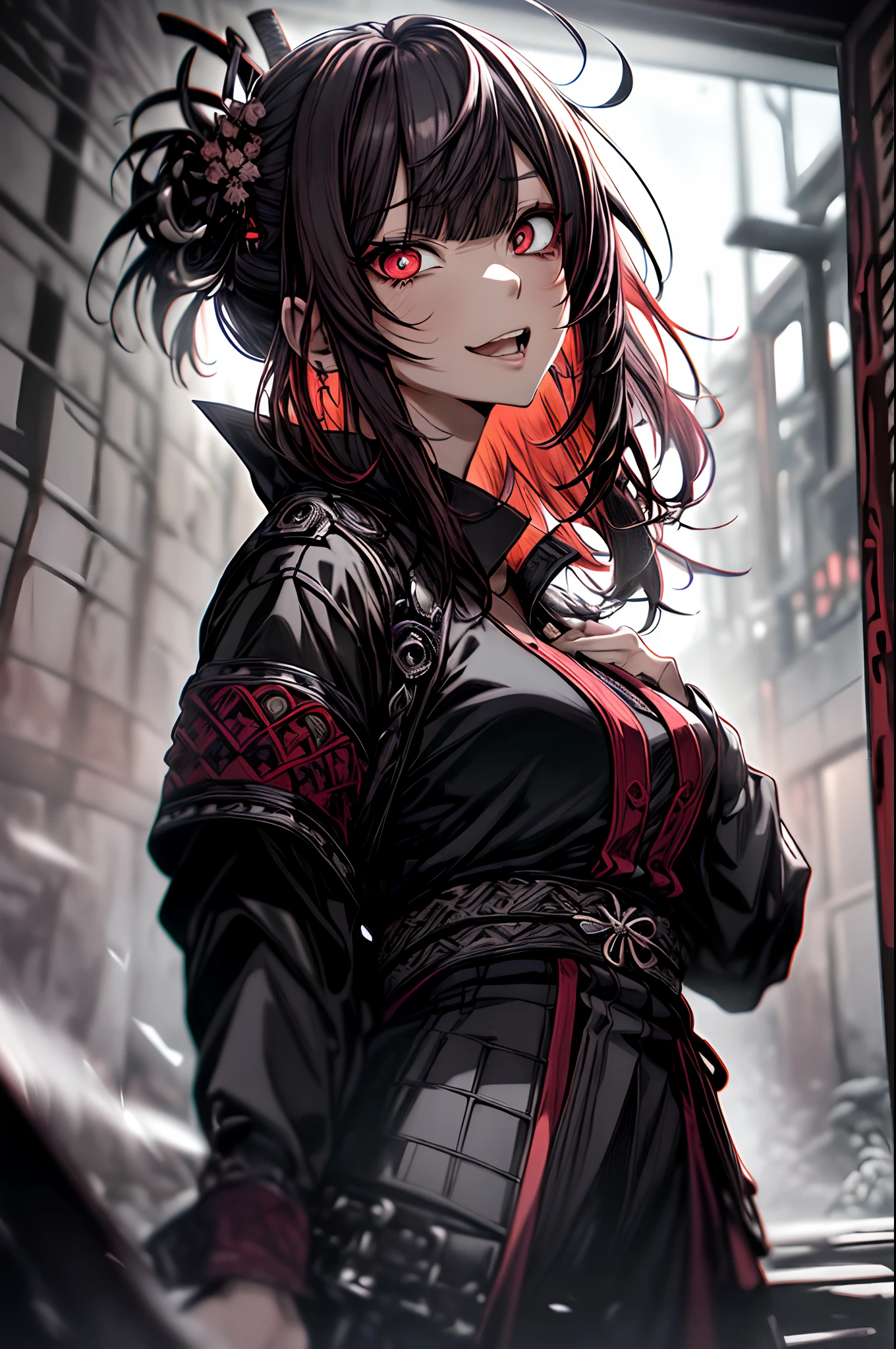 Samurai sword、Twin-tailed、Side Up、red eyes、mobile phone、iphone、Full body、A dark-haired、Gothic punk、A dark-haired、Blunt bangs、Ahegao ( Silly / Sexual ecstasy)、Cross-eyed、Stranger、View other people、Blunt bangs、 over-kneehighs,Ahegao , Silly,Sexual ecstasy,Drunken eyes,Blunt bangs,(masutepiece:1.2, Best Quality), (finely detailed beautiful eye: 1.2), (Detailed background,Dark Fantasy), (beautifull detailed face), High contrast, (Best Illumination, extremely delicate and beautiful), ((Cinematic Light)), Colorful, Hyper Detail, Dramatic light, Intricate details,