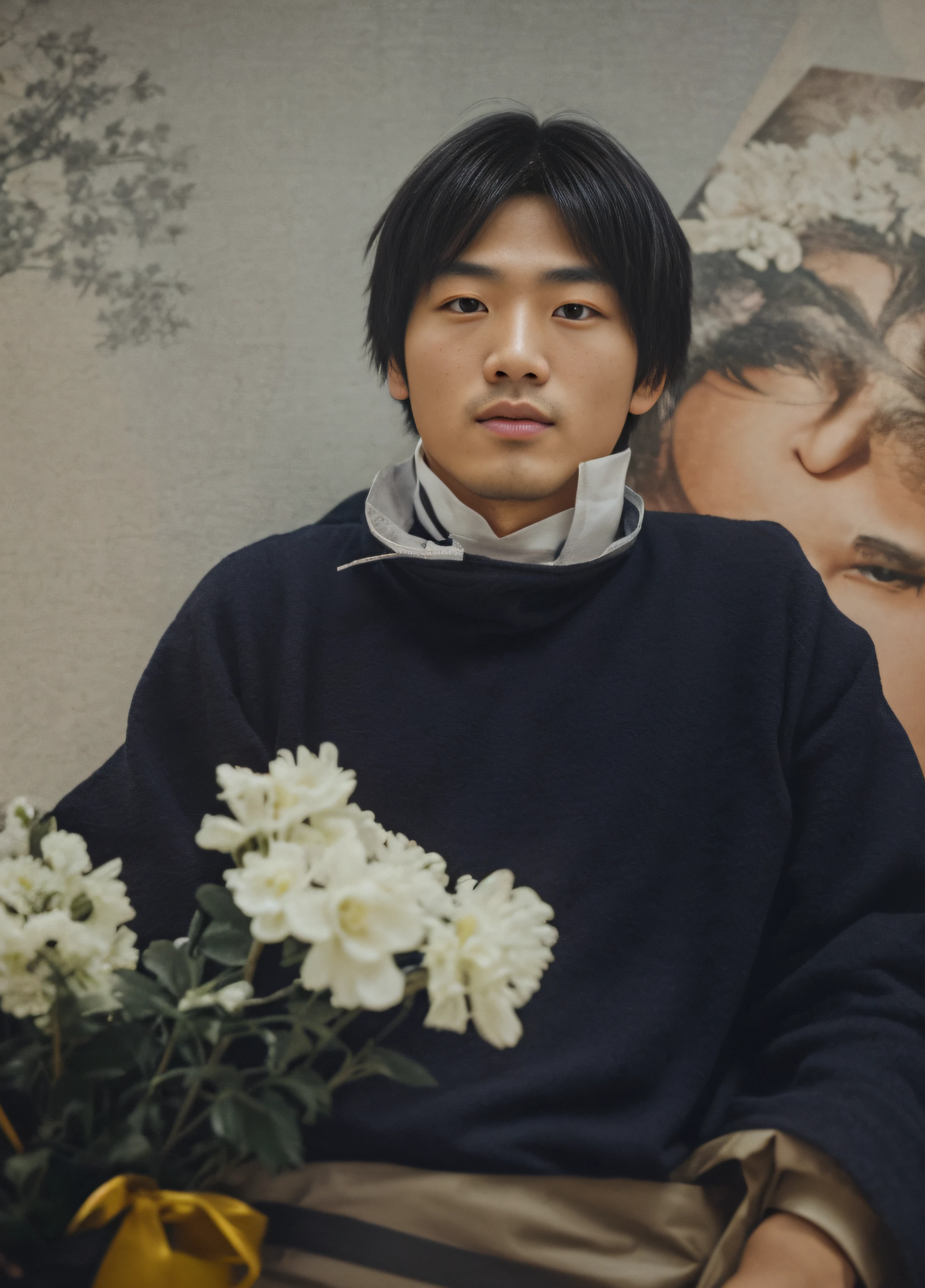 Portrait of a 30-year-old young Chinese man,Good facial features,Symmetrical facial features,Clear ears,Ultra-clear and realistic facial features,black color hair,He was dressed in traditional ethnic minority clothing,Ultra-clear texture,Camera shooting effect,Light and shadow are natural,Collar coordination,Ultra-clear realistic 8K,Very detailed eyes and face, hugefilesize, Holding a bouquet of white flowers in his hand,Ultra detail, High definition, The background is some posters,Very detailed, Best quality, Masterpiece, , Realistis, Real, 8K wallpaper,Background details for foreground objects (Masterpiece: 1.2) (Photorealistic: 1.2) (Bokeh: 1.2) (Best quality) (Color grading) (Detailed skin: 1.3) (complex) (8K) (hdr) (Movie lighting: 1.3) (Sharp focus), Glossy glossy skin, Front-facing Ultra HD, Digital SLR, Soft lighting, High quality, film gram, Fujifilm XT3 skin texture, filmgrain, Close up, 超高分辨率,
