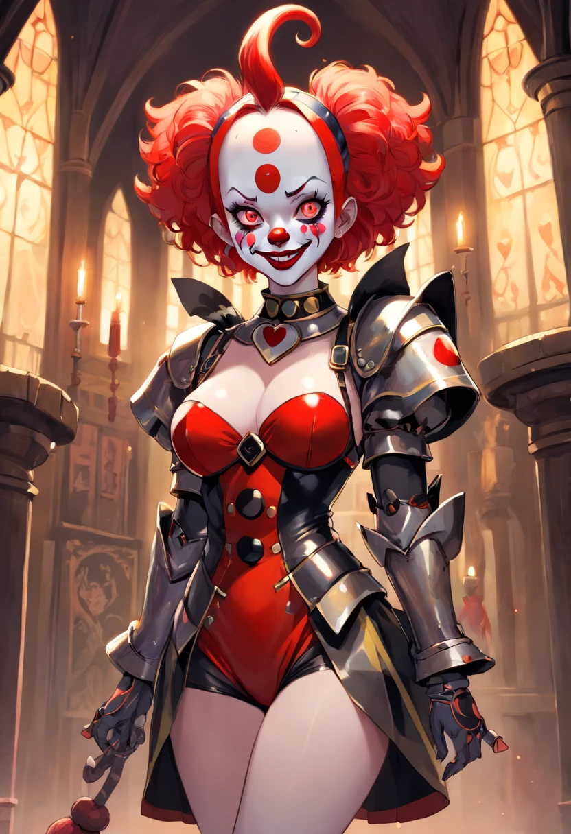 (clown power armor), ((little boy)) , (gothic style), dark skin , bellybutton, The most beautiful and sexy demon goddess,short hair, glowing red eyes, wearing detailed black gothic battle armor, (tattoos and piercings), gothic castle, perfect masterpiece, high quality, high resolution, ((horror girl)), blood big armor, naked, ,FFIXBG, ((a heart on the nipple)), ram's horns gaze, smile, 8k, clear eyes, sharp pupils like a cat, (((clown makeup))),full body