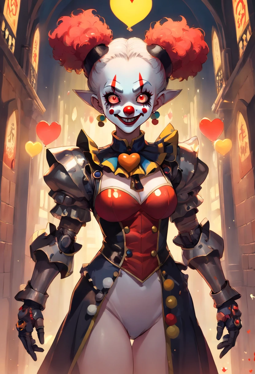 (clown power armor), (()) , (gothic style), dark skin , bellybutton, The most beautiful and sexy demon goddess,short hair, glowing red eyes, wearing detailed black gothic battle armor, (tattoos and piercings), gothic castle, perfect masterpiece, high quality, high resolution, ((horror girl)), blood big armor, naked, ,FFIXBG, ((a heart on the nipple)), ram's horns gaze, smile, 8k, clear eyes, sharp pupils like a cat, (((clown makeup))),full body