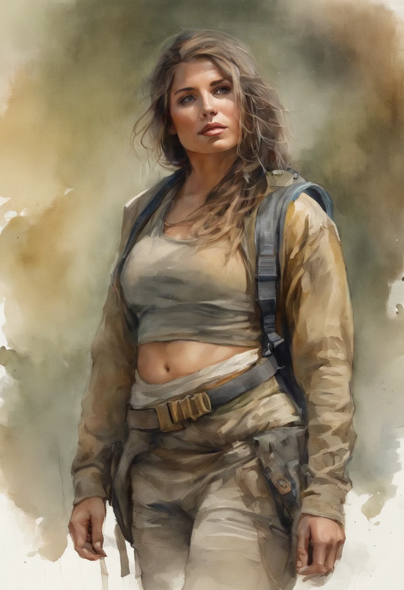 girl in desert with action sport clothes, functional clothes, her clothes are equipped with hanging straps, Breast cleavage showing, straps like for parachuting, face, body portrait, standing, small tits, tiny breasts, breasts covered, natural body, realistic body, grey bra, orange jacket, full body, hair in braids, body portrait, torso covered with transparent material, stomach covered with transparent dark material, pants with high waist covering belly button, small parachute backpack with hanging straps, parachute belt strapped around stomach, Meishu-Sama, johrei, luz divina, diante de um orisonte lindo, com o sol se pondo, with one hand forward, in connection with the divine, foto retrato, Directed by: Drew Tucker, Directed by: Adam Marczyński, Directed by: Alexandre Kucharsky, Directed by: Gavin Nolan, Surrealismo 8K, Directed by: Jason Felix, Yuri Shwedoff e Tom Bagshaw, arte ilustrativa, Estilo Erik Johansson