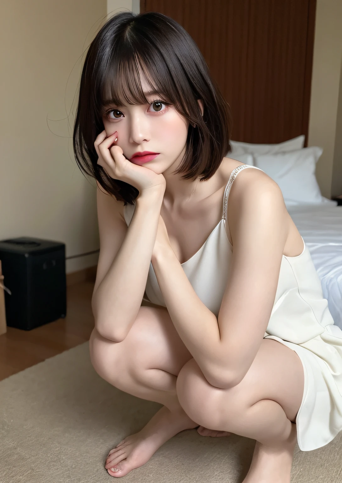 finely detail, hight resolution, hightquality、Perfect dynamic composition, Beautiful detailed eyes, Bob Layer Cut、all-fours、Natural Color Lip, Squatting,Kamimei、in her 20s、1 persons、Transparent skin、Glowing hair、Bedrooms、Bedroom、inside in room、frontage、moody expression、irritated expression、Irritated、irate、hatred、feeling of disgust、glares、bustup、up、Fashionable clothes、Shibuya、White dress without sleeves、Fashionable、beauty legs、bare-legged