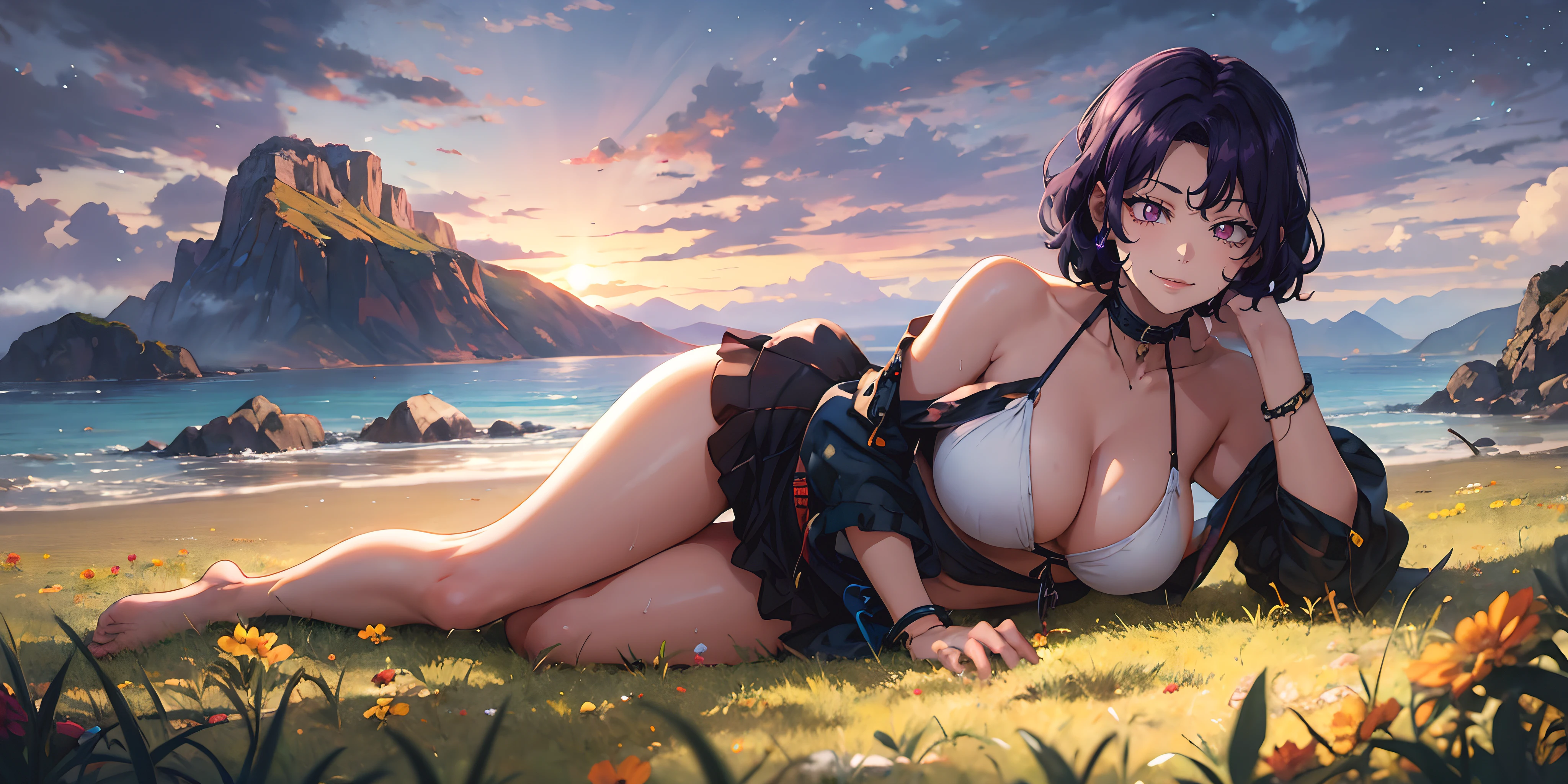 hamaoka_azusa, purple eyes, (purple hair, short hair:1.6), forehead, sweating, seductive smile, breasts, head rest, 1girl, swimsuit, cleavage, lying, bikini, sunset, collarbone, solo, sky, cloud, looking_at_viewer, choker, large_breasts, outdoors, mountain, bare_shoulders, barefoot, black_bikini, flower, sidelocks, beach, parted_lips, on_side, skirt, lips, thighs, jewelry, toes, bracelet, on_stomach, glow effects, godrays, Hand drawn, render, 8k, octane render, cinema 4d, blender, dark, atmospheric 4k ultra detailed, cinematic, Sharp focus, big depth of field, Masterpiece, colors, 3d octane render, 4k, concept art, trending on artstation, hyperrealistic, Vivid colors, extremely detailed CG unity 8k wallpaper, trending on CGSociety, Intricate, High Detail, dramatic"", head rest