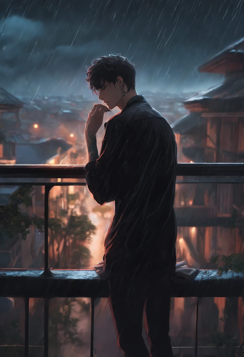 Anime man wearing black shirt standing smoking a whole body tattoo sad Rain on the 4K balcony