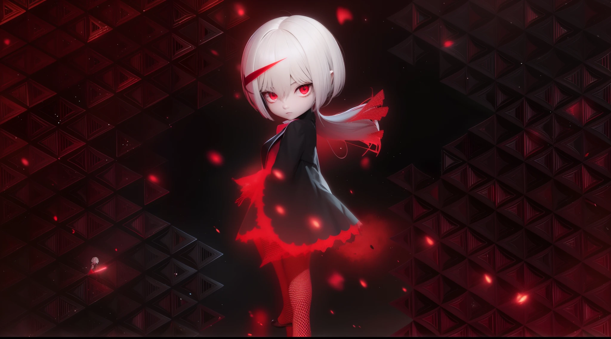 Anime girl with white hair and black dress standing in front of a red background, avec des yeux rouges brillants, Epic 3D Abstract Emo Girl, 4k octane rendering, Pose diabolique, Nagito Komaeda, avec des yeux rouges brillants, 2 b, 2b, Indices de yayoi kasuma, Phtoto en niveaux de gris avec robe rouge