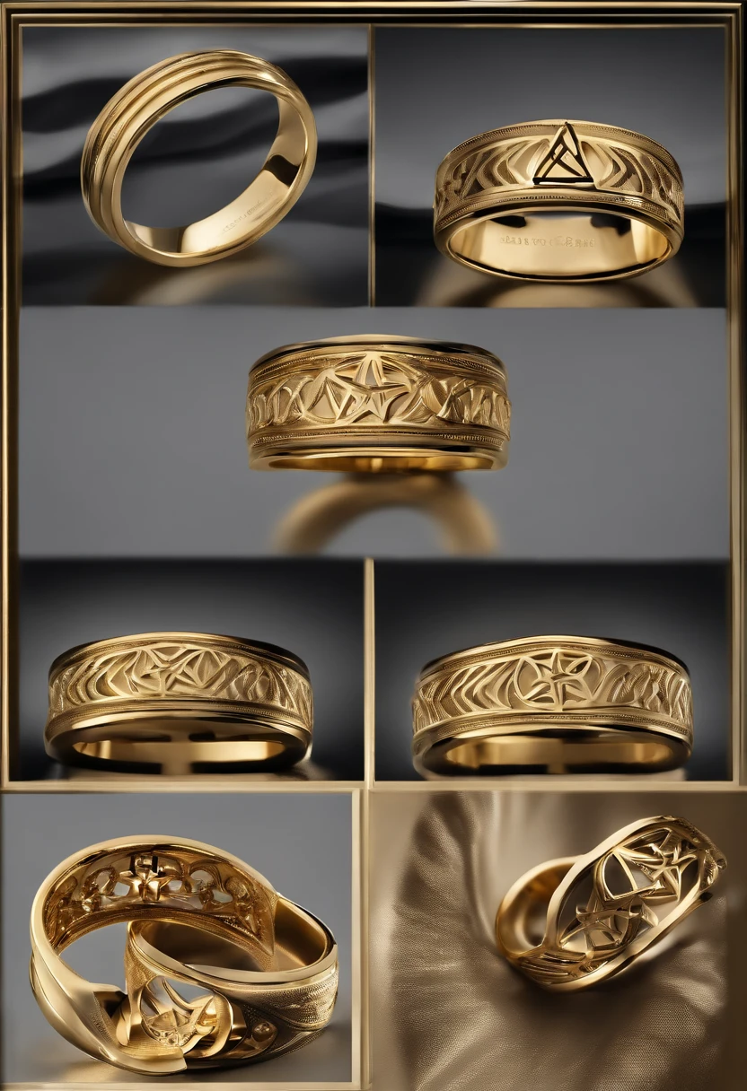 Yellow gold ring,((Ring concept blueprint)),,(Ring cross-sectional wave pattern and pentagram),((Master craftsmanship)),(Ring and hemming),Natural sunlight,Shining Effect