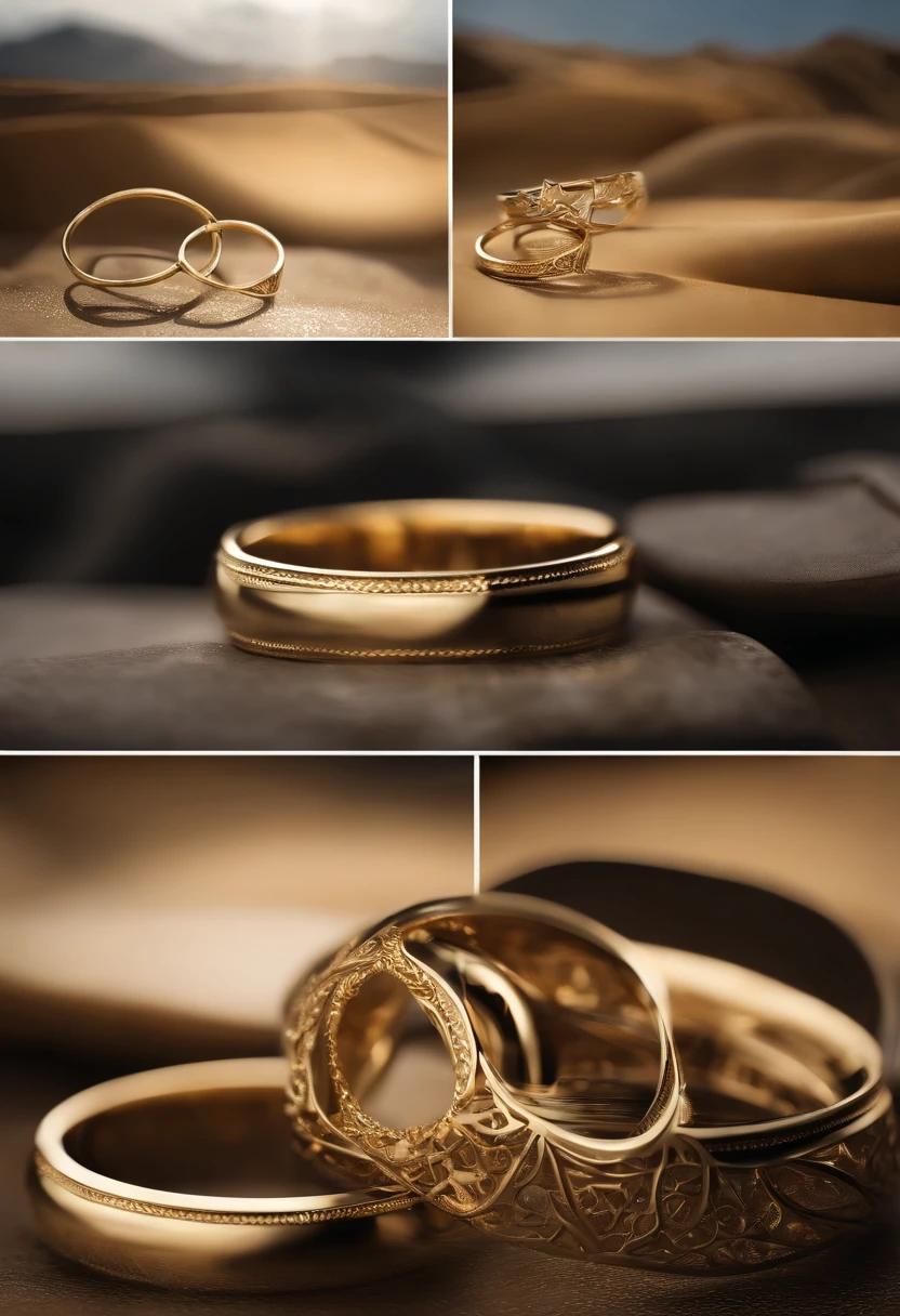 Yellow gold ring，（（Ring concept blueprint）），,(Ring cross-sectional wave pattern and pentagram)，（（Master craftsmanship）），（Ring and hemming），Natural sunlight，Shining Effect