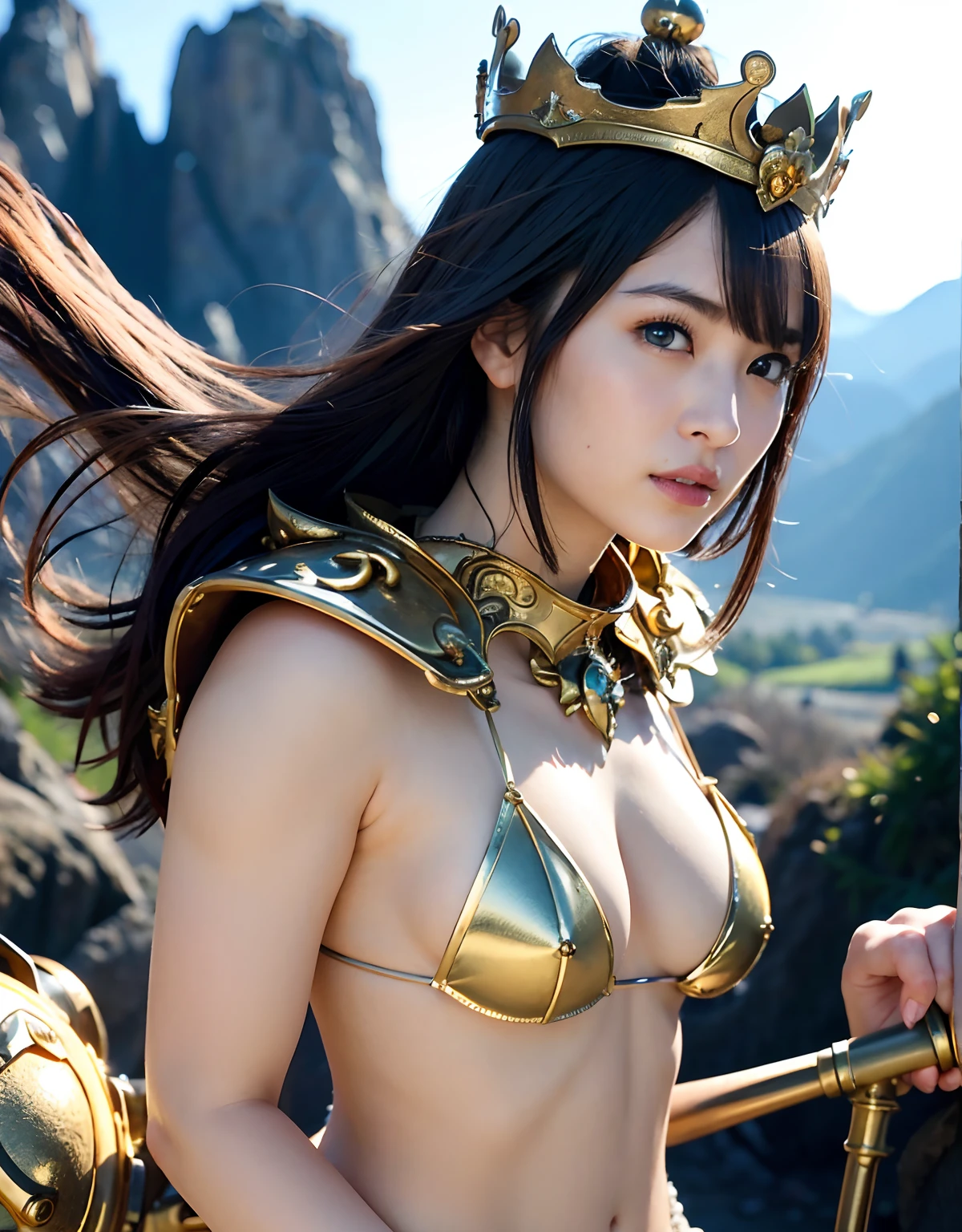 Professional , masterpiece、top-quality、photos realistic , 、top-quality、超A high resolution、(Photorealsitic:1.4)、Raw photo、depth of fields (Gemstone Gold Metal Body:1.9),(Matte White、Toostock、cleavage of the breast、(cleavage of the breast)、(((Micro Bikini Armor))),(Detailed Dragon Armor)、(Have the strongest weapon)、((Random Hairstyles 1.6),Dark Fantasy,)explosions、intense fighting、(Precipitous cliffs),Dragon Gold Weapon,Mystical expression、Particles of light、Fight dragons、(Detailed Dragon Helmet),Gorgeous Silver Weapons ,(( Dragon's dense and gorgeous sword)) , Beautiful knife ,warhammer 40k ,Detail and gorgeous crown、((Blue hair))、(Castle background)、、((Gangle's forest background))、Beautiful Caucasian beauty、1a person、dynamic ungle,((()))、Smaller head、A smile、Castle background、Thin and beautiful female hands、cleavage of the breast、Soldier in iron armor on background、Mystical expression、Light Effects、intense fighting、Wind-effect、magic circles、With the legendary magic wand、(demonic wings)、Toostock、
