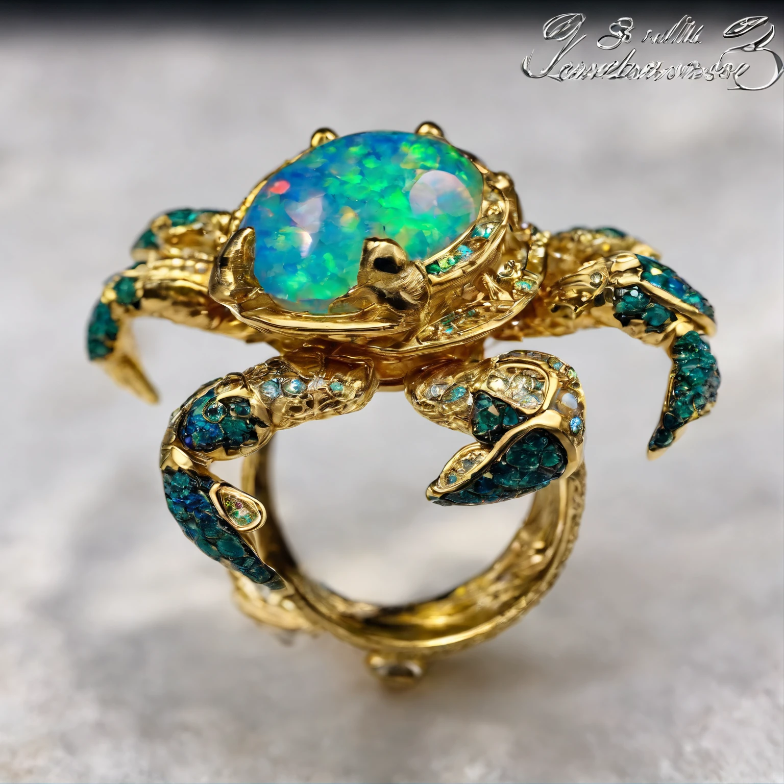 (A cute crab gravel opal ring close-up:1.8), (The crab body is made of gravel opal),(The crab's lovely eyes are set with rubies),(The mouth),(2 crab clips wrapped around the ring handle:1.0),Playful tentacles,Complete limbs full of details,对称,(Professional inlaying),copious jewelry, ,Platinum and gold thread,Cute shape,Cartoony,