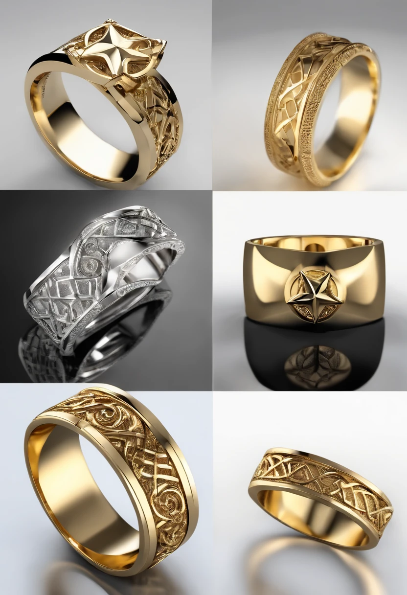 ((Ring design concept art)),Yellow gold ring,((Ring concept blueprint)),,(Ring cross-sectional wave pattern and pentagram),((Master craftsmanship)),(Ring and hemming),Natural sunlight,Shining Effect