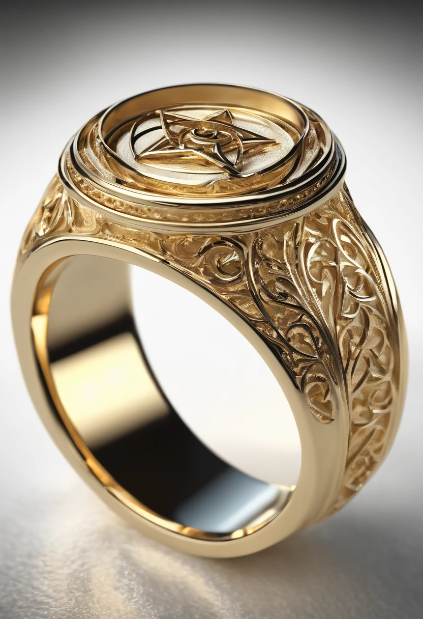 （（Ring design concept art）），Yellow gold ring，（（Ring concept blueprint）），,(Ring cross-sectional wave pattern and pentagram)，（（Master craftsmanship）），（Ring and hemming），Natural sunlight，Shining Effect