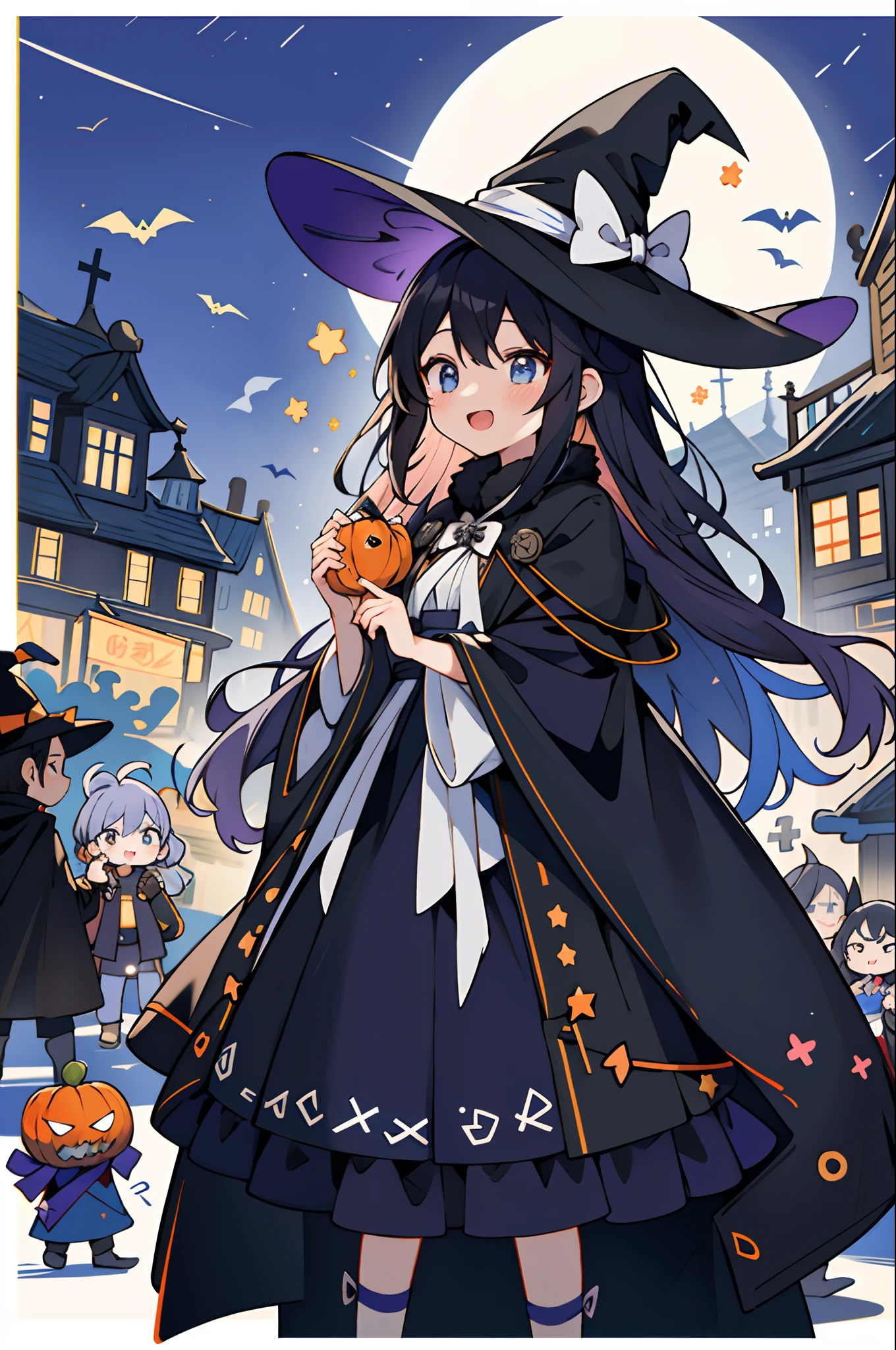 airi \(blue archive\),1girl, witch_hat, solo, smile, halloween, holding, halloween_bucket, blush, frilled_skirt, hat_bow, closed_mouth, white_shirt, looking_at_viewer, black_thighhighs, black_headwear, wrist_cuffs, collared_shirt, witch, hair_ornament, ghost, jack-o'-lantern, lollipop, black_capelet, blue_bow, dress_shirt
<lora:airi_(blue_archive)_image186_2023-11-26-000030:1>halo. gorgeous,key visual, vibrant, studio anime,award-winning, professional, highly detailed,high budget, cinemascope