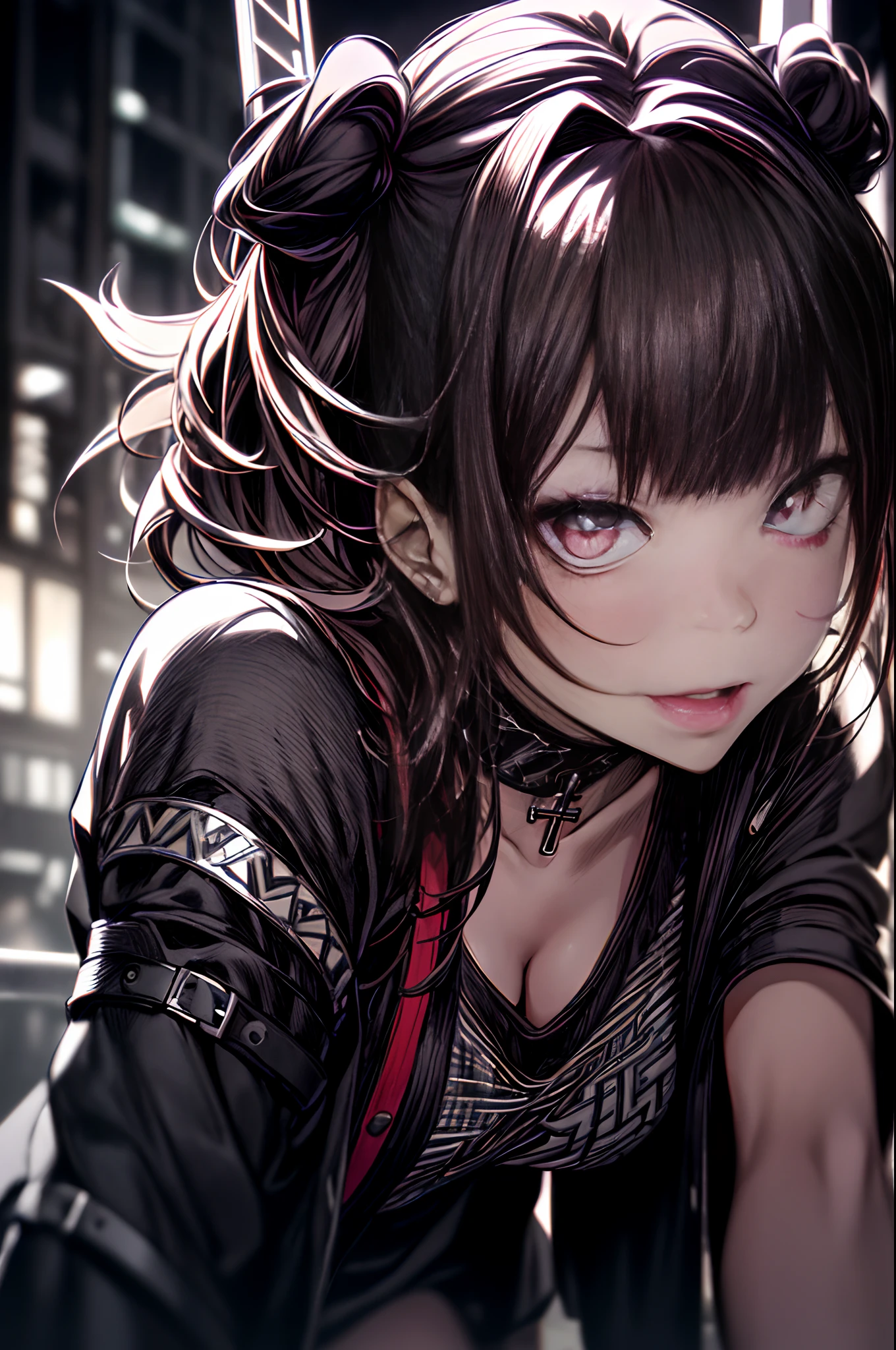 Samurai sword、Twin-tailed、Side Up、red eyes、mobile phone、iphone、Full body、A dark-haired、Gothic punk、A dark-haired、Blunt bangs、Ahegao ( Silly / Sexual ecstasy)、Cross-eyed、Stranger、View other people、Blunt bangs、 over-kneehighs,Ahegao , Silly,Sexual ecstasy,Drunken eyes,Blunt bangs,(masutepiece:1.2, Best Quality), (finely detailed beautiful eye: 1.2), (Detailed background,Dark Fantasy), (beautifull detailed face), High contrast, (Best Illumination, extremely delicate and beautiful), ((Cinematic Light)), Colorful, Hyper Detail, Dramatic light, Intricate details,