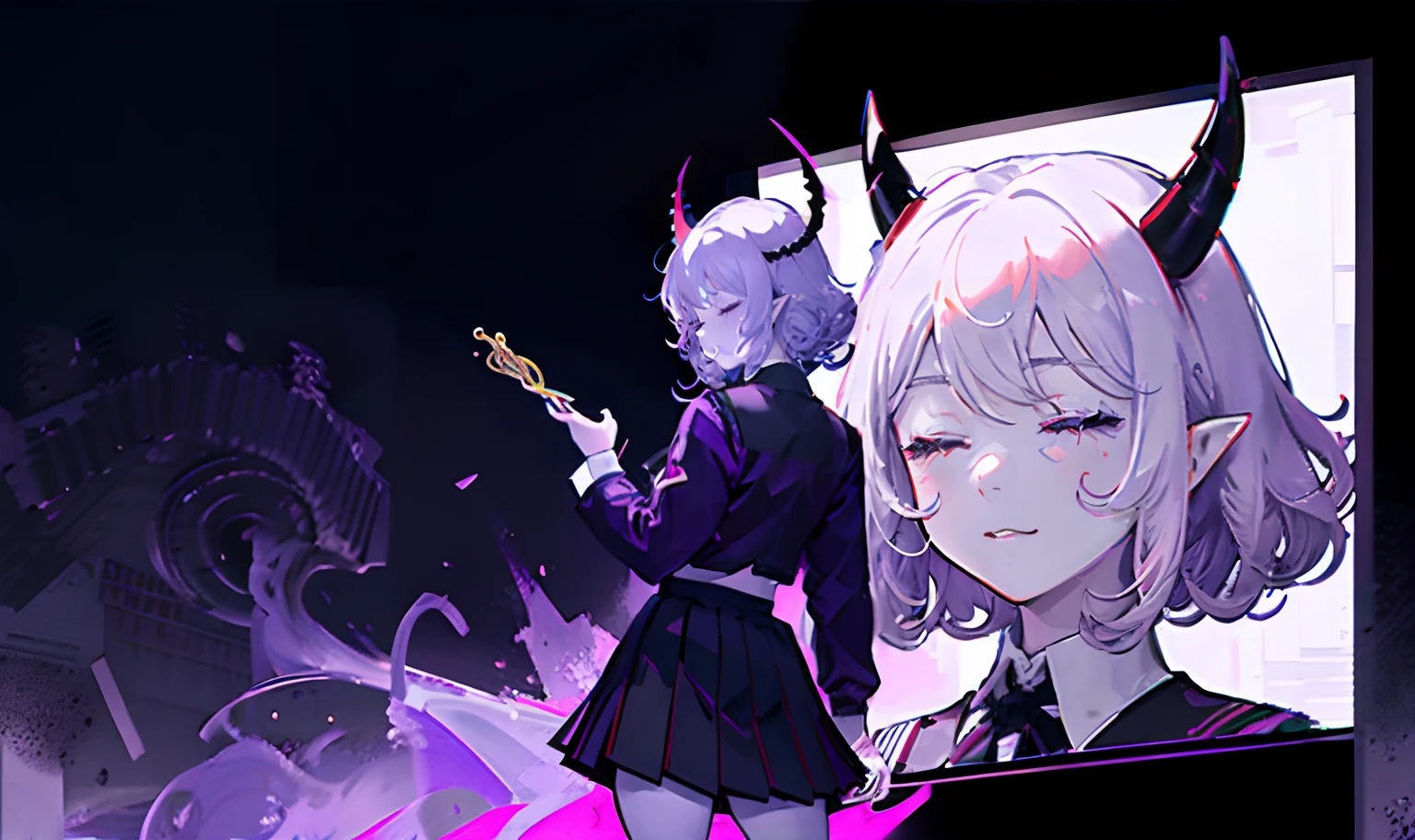 Single portrait screen，schoolgirls，Isodermal deep，Purple skin，White hair, Instant noodle curls, Short hair,devil horns, Closed eyes, Eyes closed, Pointy ears, long and pointed ears，Black and white hip skirt