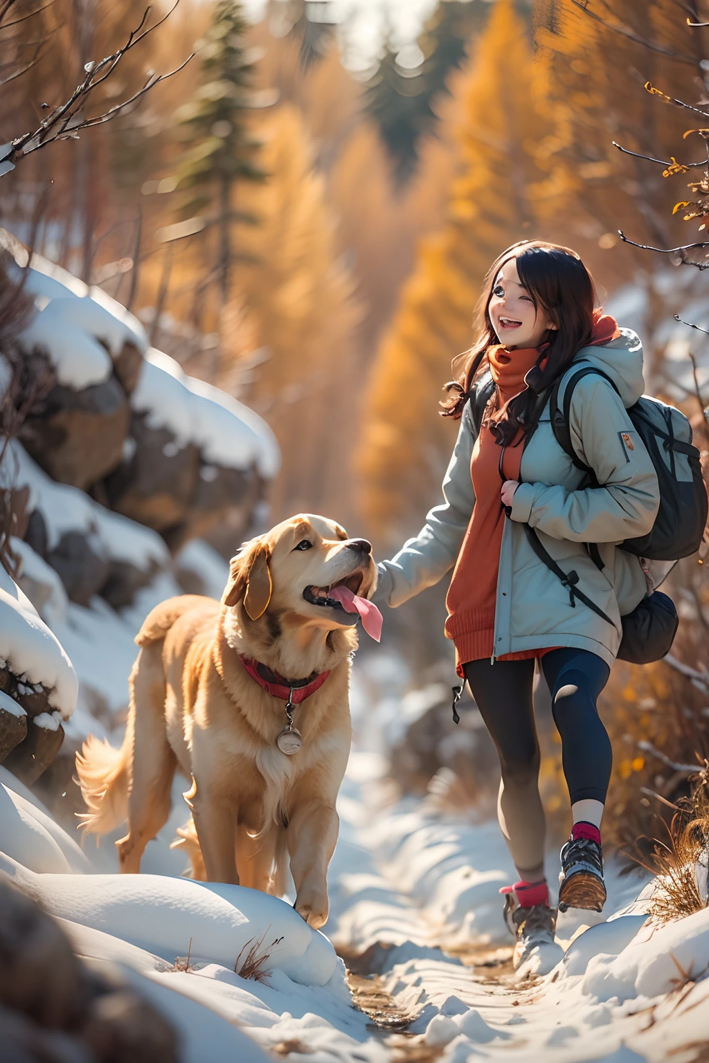 18-year-old girl, Happy and a golden retriever,Walk on mountain trails,