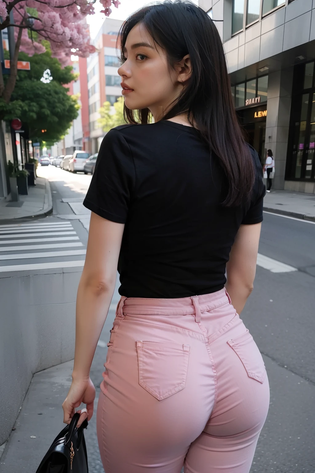 Pink jeans,Black T-shirt,Plump buttocks,The back is charming,Next to the office building