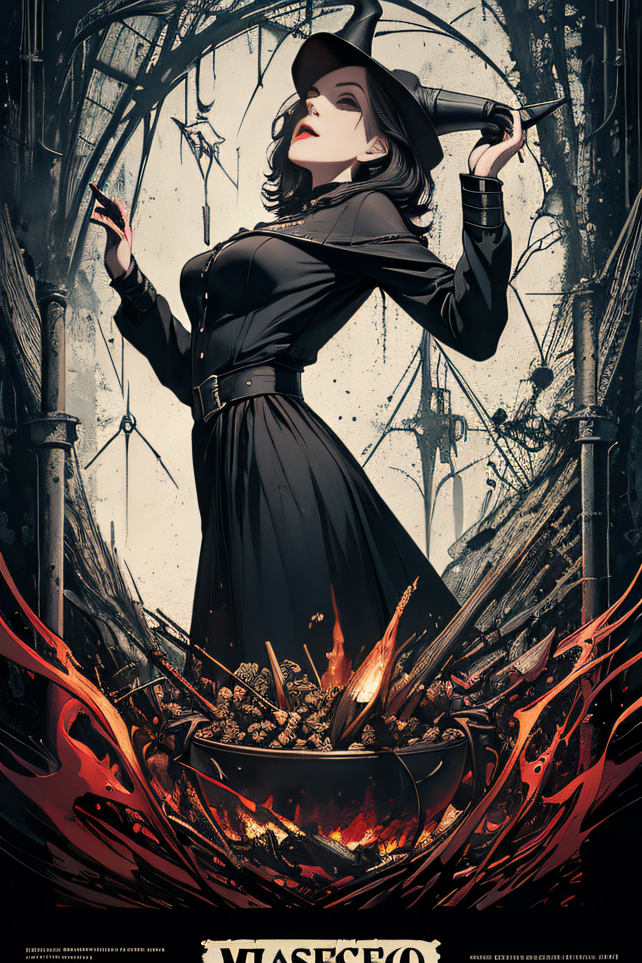 (Masterpiece, Best Quality), 8k Wallpaper, highly detailed, poster, Evil Witch, cauldron, vintage horror, 1940s, horror thriller cinematic movie poster, Bauhaus, shapes, lines, abstract, propaganda, gothic, movie poster, vintage, horror, low angle shot.