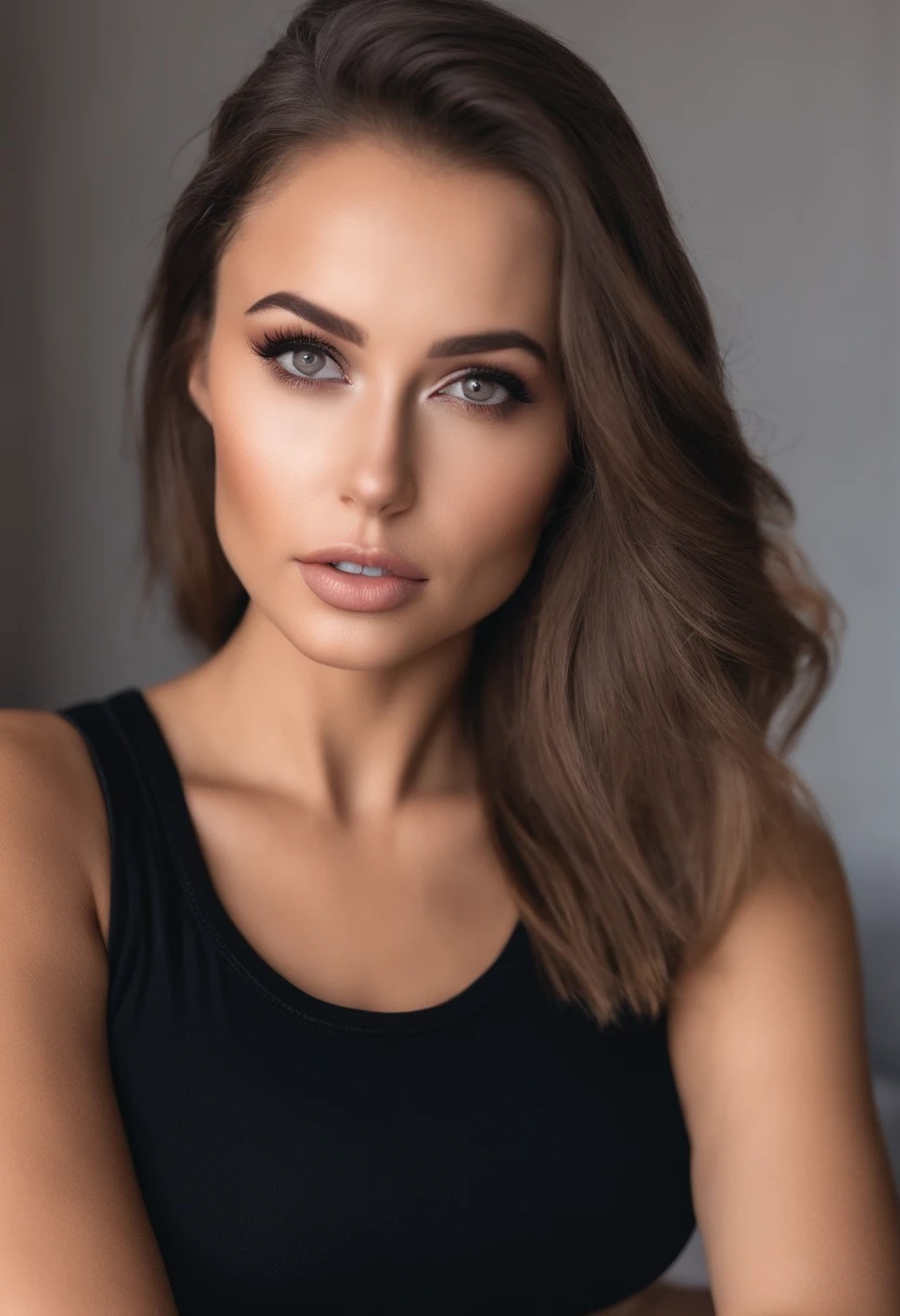 Arafed Frau mit passendem Tanktop und Leggings, Sexy girl with brown eyes, portrait sophie mudd, brown hair and big eyes, Augen im Schlafzimmer, Violet Myers, ohne Make-up, Natural makeup, Drehen Sie sich, um in die Kamera zu schauen, Gesicht mit Artgram, dezentes Make-up, Stunning full body shot, Knackarsch, niedlicher Hintern, isst eine gesunde Mahlzeit, Fitness influencer, lacht
