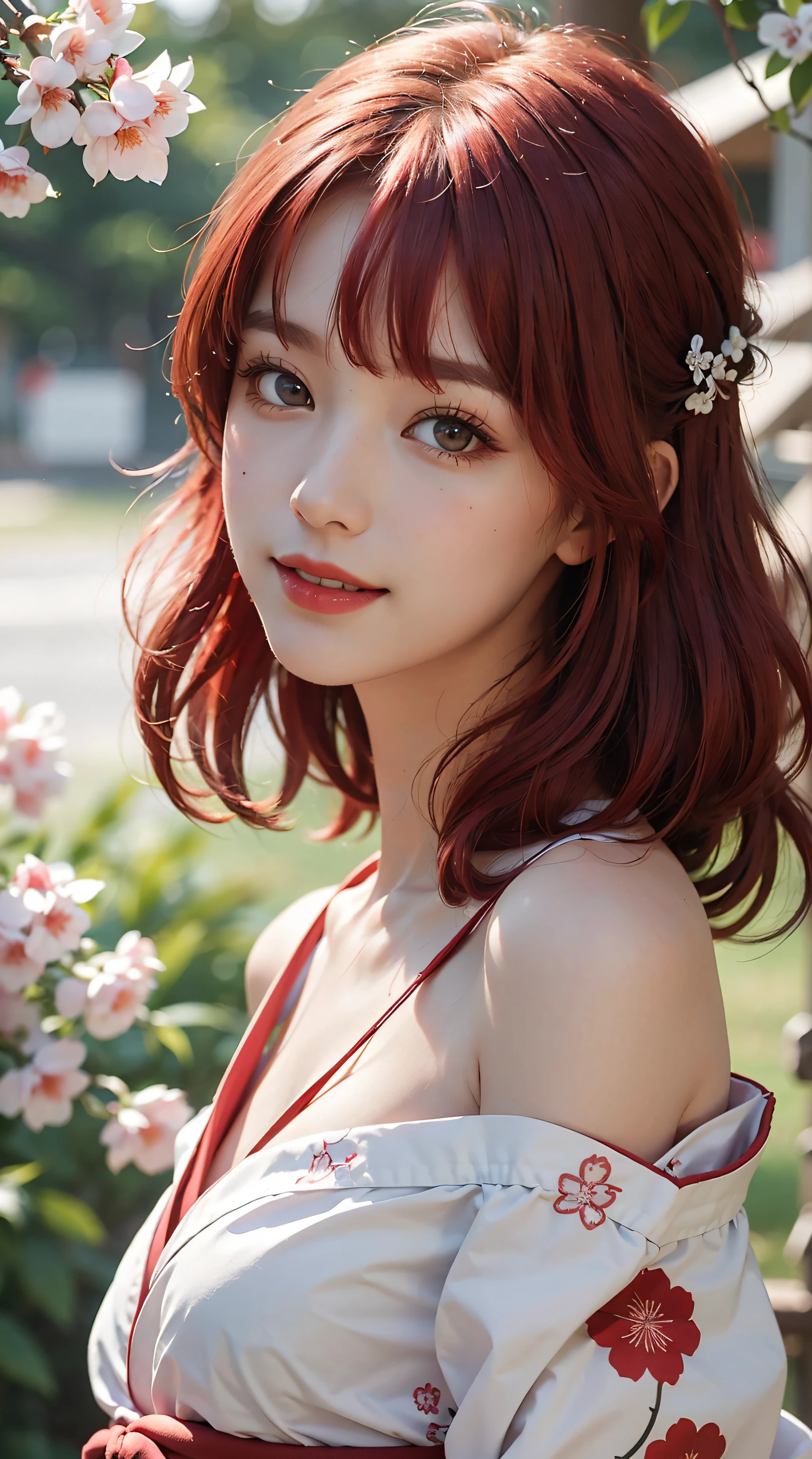 best quality, masterpiece, ultra high res, RAW, 8k, ultra-realistic, young girl, offshoulder, smile, natural light, detailed skin, (vibrant red hair:1.4), red lipstick, (Bangs:1.2), ((Sakura Background)), extremely beautiful eyes, wearing kimono_clothes, Red Kimono