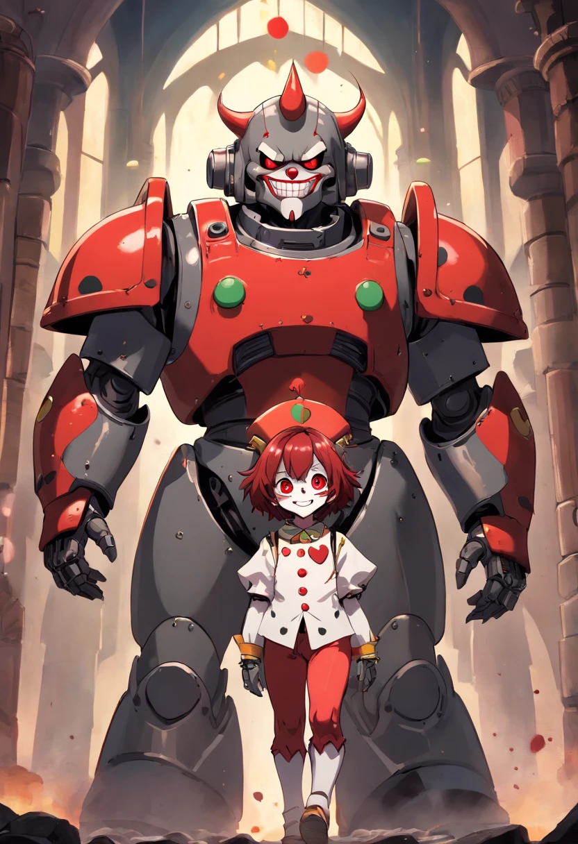 (clown power armor), (()) , (gothic style), dark skin , bellybutton, The most hansome  demon,short hair, glowing red eyes, wearing detailed black gothic battle armor, (tattoos and piercings), gothic castle, perfect masterpiece, high quality, high resolution, ((horror boy), blood big armor, naked, ,FFIXBG,, ram's horns gaze, smile, 8k, clear eyes, sharp pupils like a cat, (((clown makeup))),full body