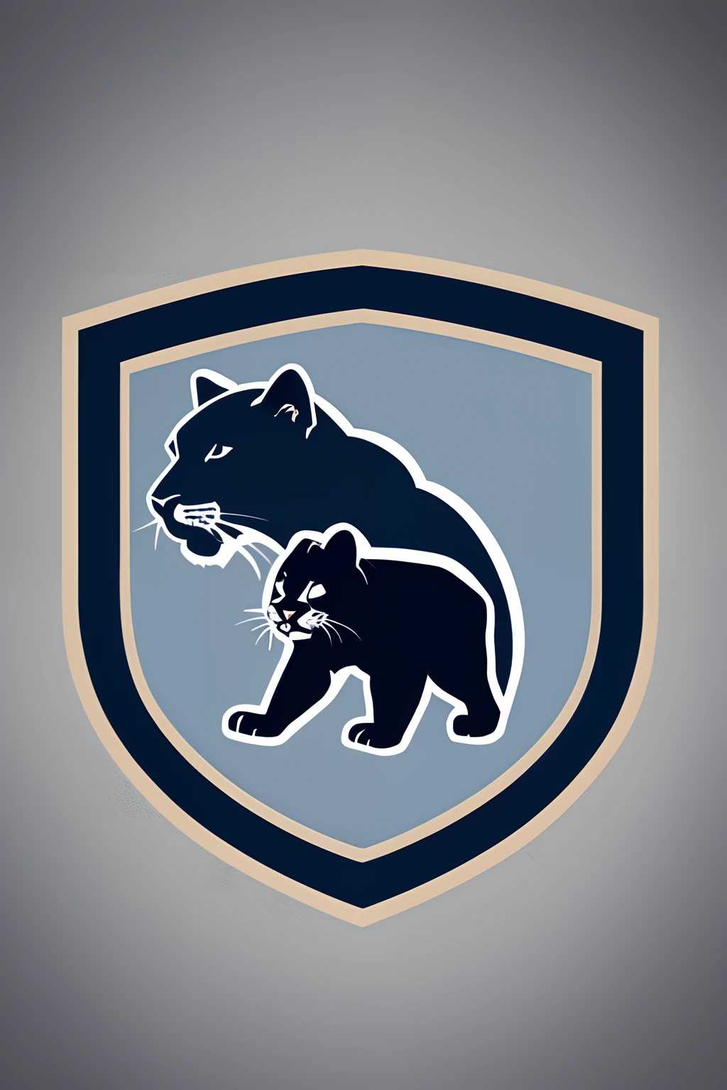 Grey unrealistic panther logo, with navy blue shading and small light blue features and head on 45° angle to right, mad from shapes, very little detail