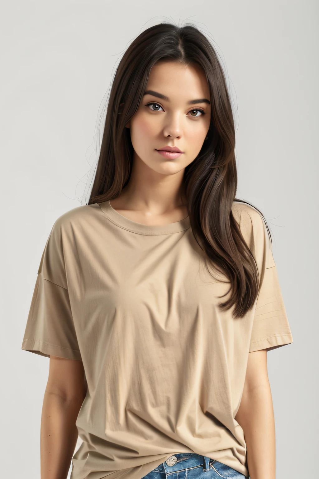 A beautiful brunette woman in an oversized beige t-shirt no print, Studiofotografie, 55mm lense, Hochdetailliertes Hautbild, attraktiv, Upper Body Only, T-Shirt-Modell, Basic-T-Shirt, ohne aufdruck