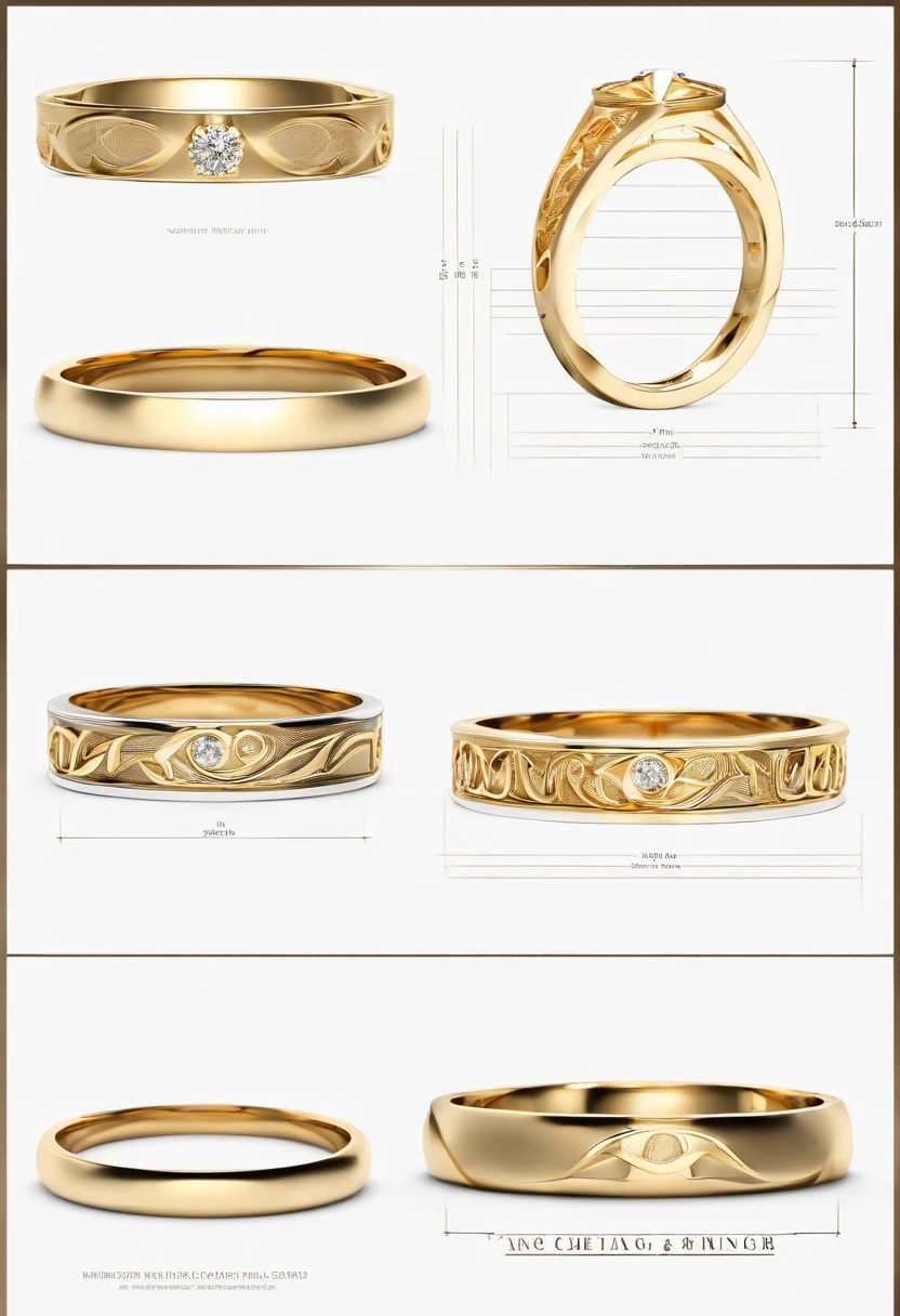 （（Ring design concept art）），Yellow gold ring，（（Ring concept blueprint）），,(Ring cross-sectional wave pattern and pentagram)，（（Master craftsmanship）），（Ring and hemming），Natural sunlight，Shining Effect