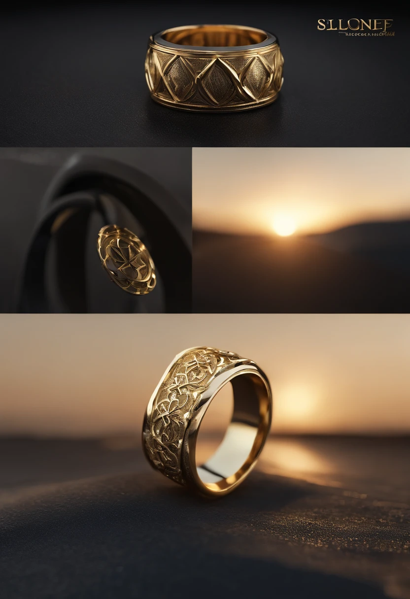 （（Ring design concept art）），Yellow gold ring，（（Ring concept blueprint）），,(Ring cross-sectional wave pattern and pentagram)，（（Master craftsmanship）），（Ring and hemming），Natural sunlight，Shining Effect