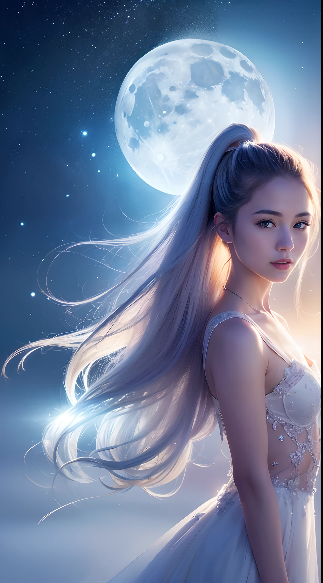 Masterpiece, (Best Quality: 1.2), (Super Fine: 1.2), Illustration, (Extremely Delicate and Beautiful: 1.2), Film Angle, Floating, (Beautiful Detail Eye: 1.1), (Detail Light: 1.1), Film Lights, Delicate Sky, Woman, White Hair, Blue Eyes, (High Ponytail: 1.1), Cloak, Glowing Eyes, (Moon: 1.2), (Moonlight: 1.1), Starry Sky, (Light Particles: 1.1), Fog , snow painting, sketching, blooming