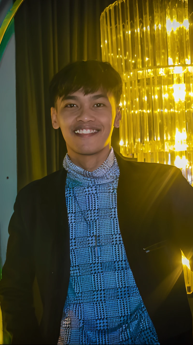 arafed man in a blue shirt and black jacket standing in front of a chandelier, john jude palencar, taken in the early 2020s, taken in the late 2010s, damien tran, henry ascensio, rick dai, inspired by Adam Dario Keel, awarding winning, mid shot portrait, by Robbie Trevino