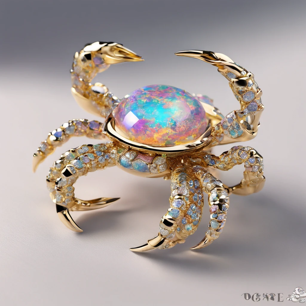 (Ring close-up of crab gravel opal:1.5), (Opal set with cute crab eyes and mouth),Playful and clever tentacles on the head,(2 crab clips wrapped around the ring handle:1.0),Complete limbs full of details,对称,(Professional inlaying),copious jewelry, ,Platinum and gold thread,Cute shape,Cartoony,Black gold