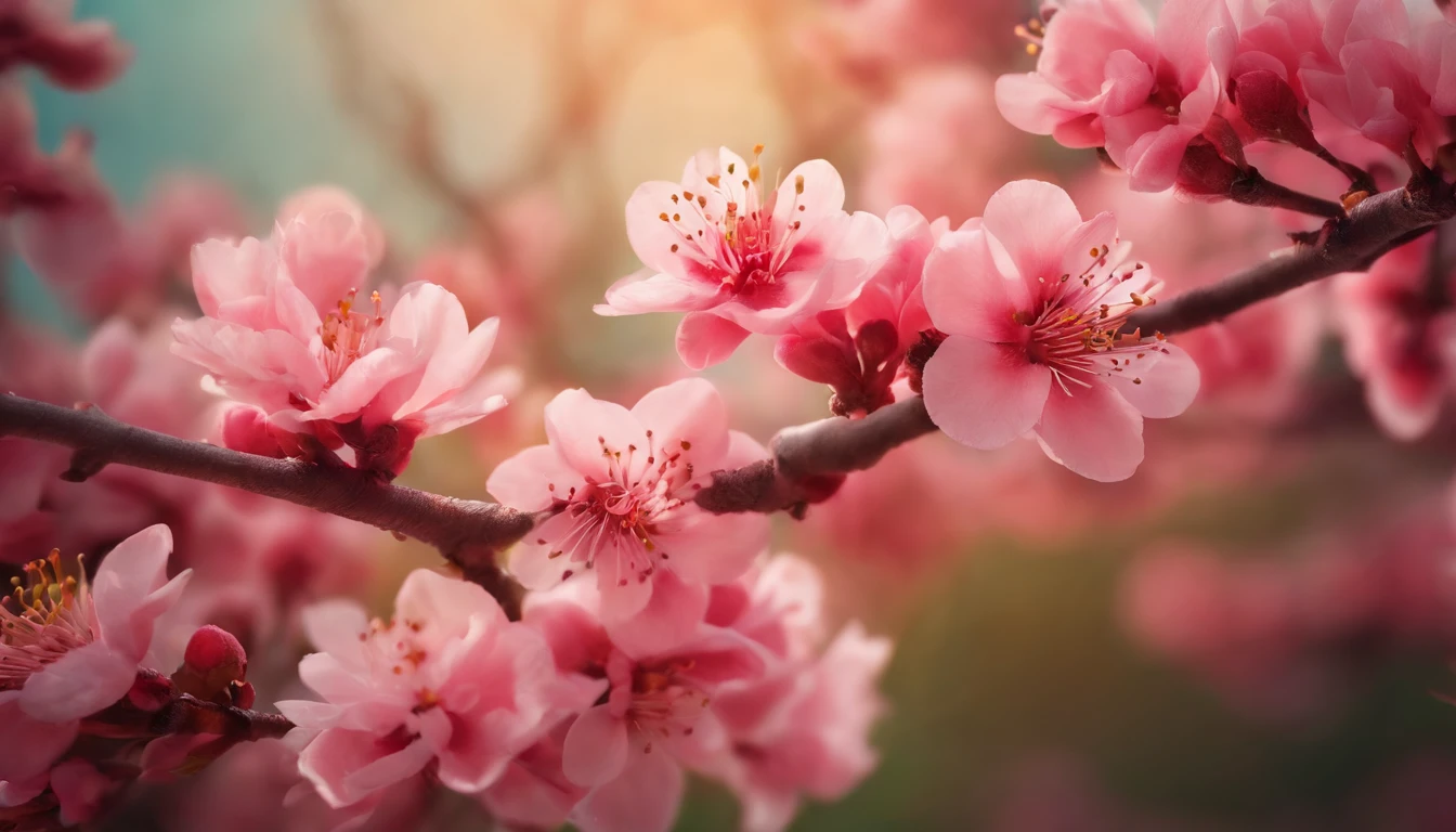 Peach blossom background，Highly saturated colors，Hyper Real，8K high-definition，Absolutely beautiful，high light，plethora of colors