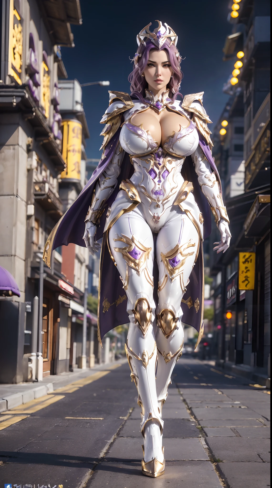 1GIRL, SOLO, (dark hair, hair gold ornament), (HUGE FAKE BOOBS:1.3), (white, purple, gold, FUTURISTIC DRAGON MECHA ARMOR SUIT, ROYAL CAPE, CLEAVAGE:1.5), (SKINTIGHT YOGA PANTS, HIGH HEELS:1.2), (NSFW GLAMOROUS BODY, SEXY LONG LEGS, FULL BODY:1.3), (FROM FRONT, LOOKING AT VIEWER:1), (WALKING DOWN ON STREET NIGHT CITY:1.3), PHYSICALLY-BASED RENDERING, ULTRA HIGHT DEFINITION, 8K, 1080P.