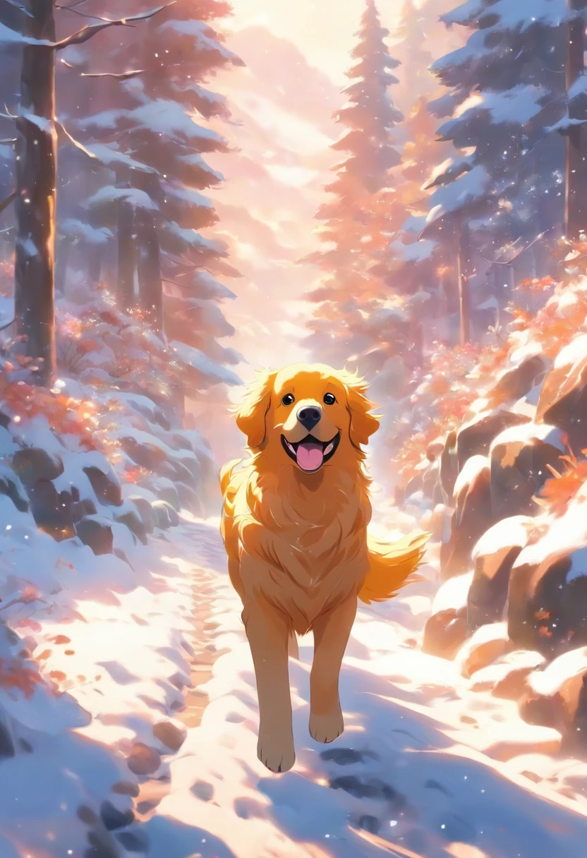 18-year-old girl, Happy and a golden retriever,Walk on mountain trails, There was snow on the road
