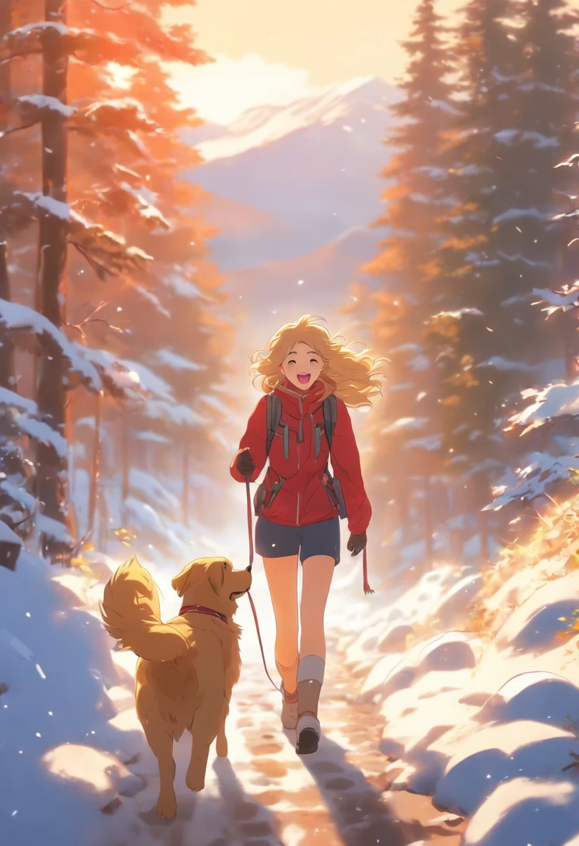 18-year-old girl, Happy and a golden retriever,Walk on mountain trails, There was snow on the road