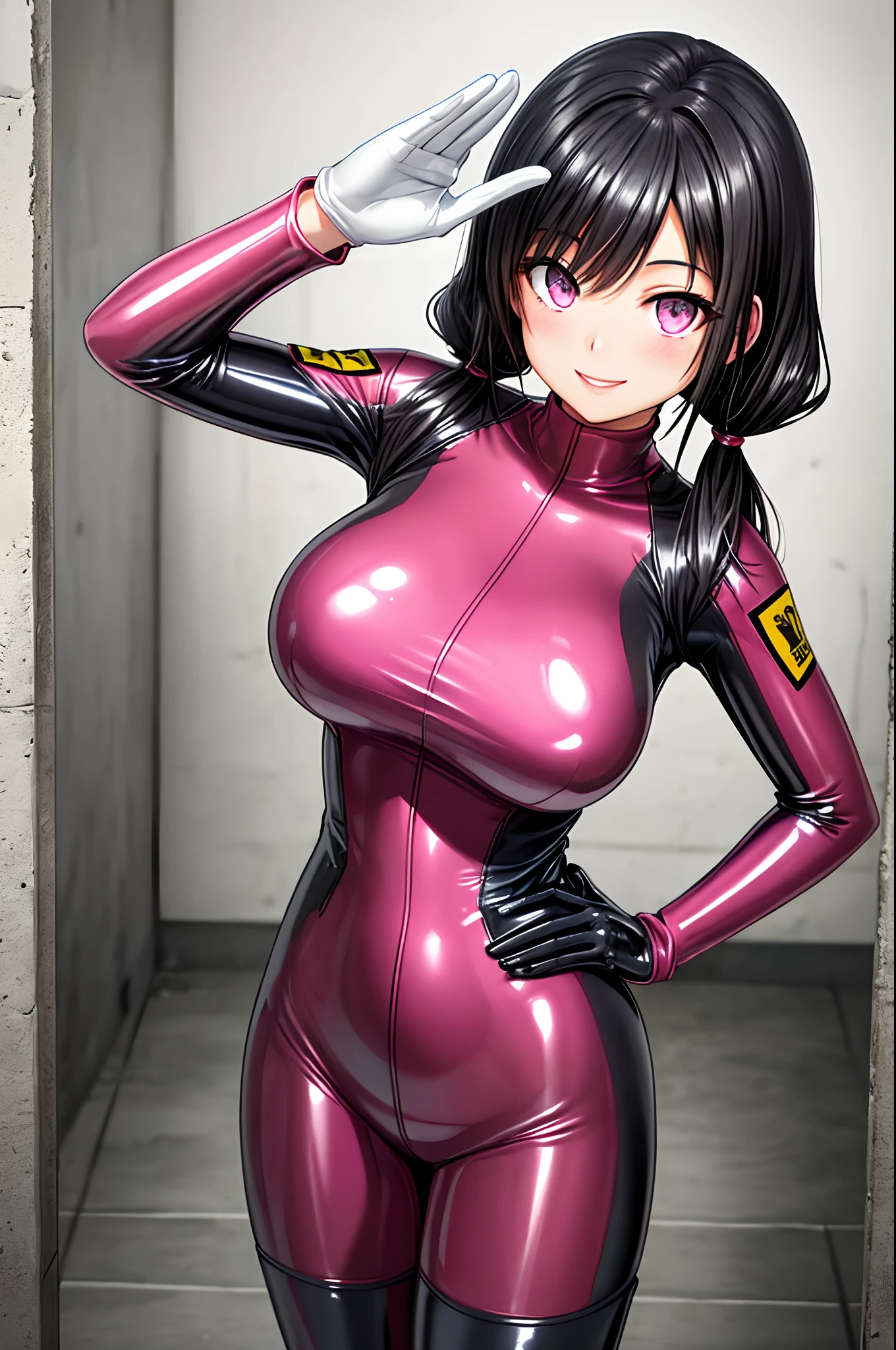 (pov), black hair, (twintails:1.2), (long hair), (pink eyes), (beautiful detailed eyes), large breasts, 
 cowboy shot, upper body, hand on hip, from above, salute, 
prison, concrete wall, indoors, (solo), 
(black latex bodysuit:1.1), black latex gloves, 
smile, happy, 
(shiny hair),