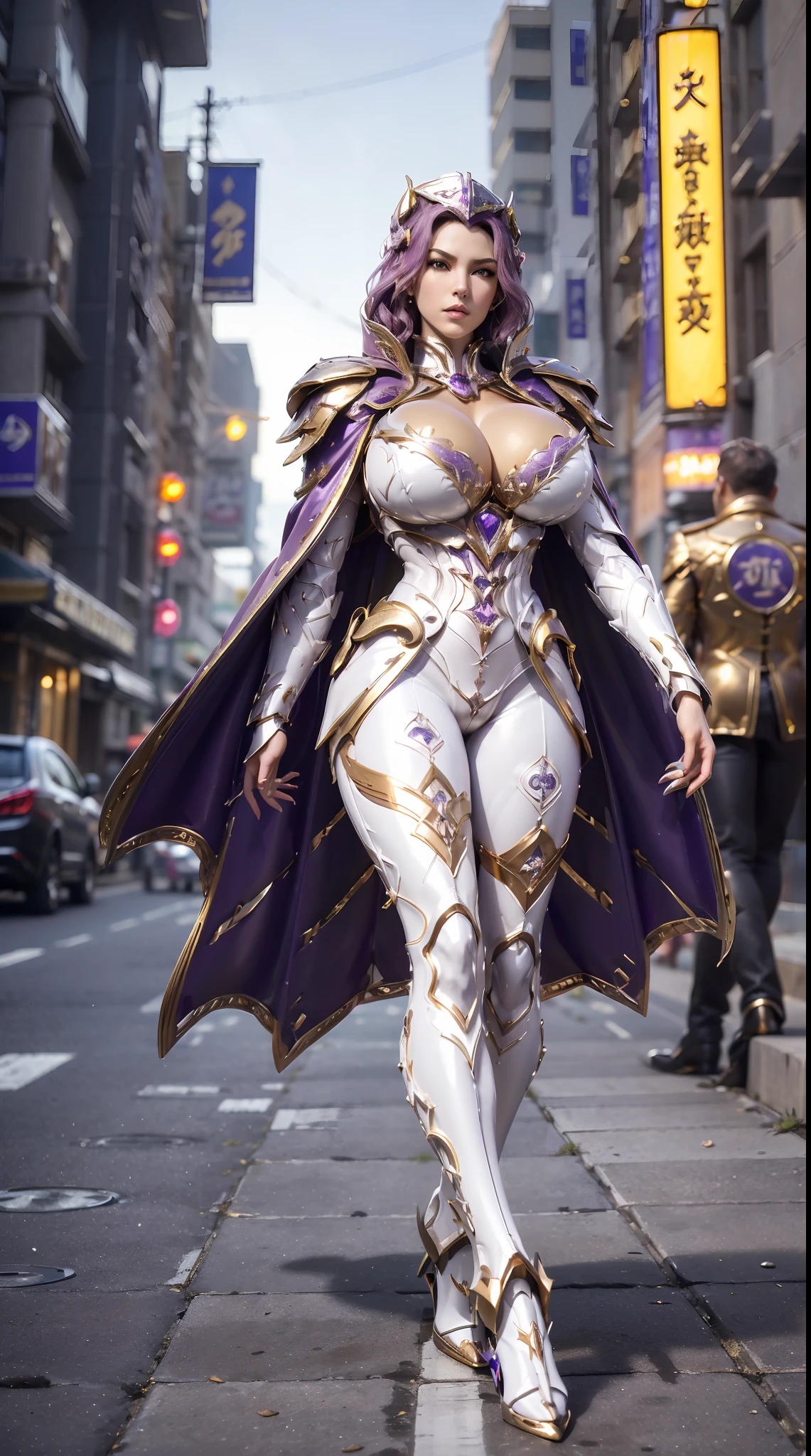 1GIRL, SOLO, (dark hair, hair gold ornament), (HUGE FAKE BOOBS:1.3), (white, purple, gold, FUTURISTIC DRAGON MECHA ARMOR SUIT, ROYAL CAPE, CLEAVAGE:1.5), (SKINTIGHT YOGA PANTS, HIGH HEELS:1.2), (NSFW GLAMOROUS BODY, SEXY LONG LEGS, FULL BODY:1.3), (FROM FRONT, LOOKING AT VIEWER:1), (WALKING DOWN ON STREET NIGHT CITY:1.3), PHYSICALLY-BASED RENDERING, ULTRA HIGHT DEFINITION, 8K, 1080P.
