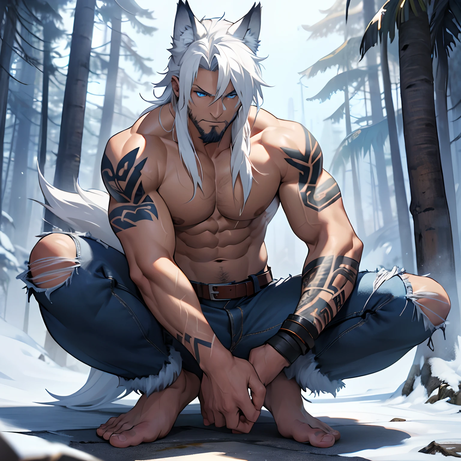 Muscular shirtless male wearing just a pair of torn jeans, has long white hair, has wolf ears, has glowing blue eyes, has light beard stubble, has wolf tail, solo, alone, (SOLO)(ALONE) shirtless, no shirt, (SHIRTLESS)(NO SHIRT), flexing, mystic backround, covered in tribal tattoos, wearing leather belt, not wearing shoes, barefoot