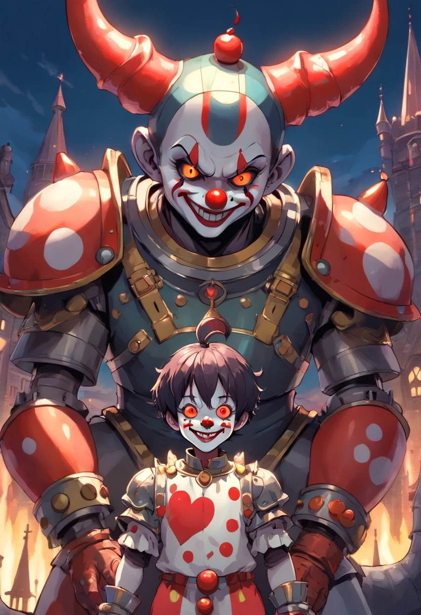 (clown power armor), ((little boy)) , (gothic style), dark skin , bellybutton, The most handsome and shirtless demon ,short hair, glowing red eyes, wearing detailed black gothic battle armor, (tattoos and piercings), gothic castle, perfect masterpiece, high quality, high resolution, blood big armor, naked, ,FFIXBG, ((a heart on the nipple)), ram's horns gaze, smile, 8k, clear eyes, sharp pupils like a cat, (((clown makeup))),full body