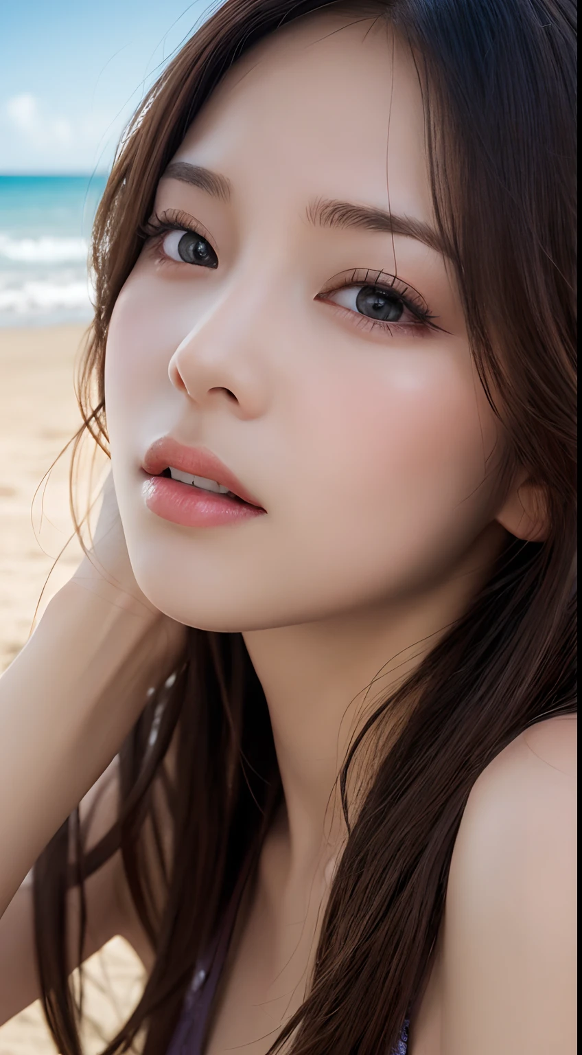 (Best quality, 8k, 32k, Masterpiece, UHD:1.2),Photo of Pretty Japanese woman, 1girl, (large breasts:1.1), (tall female), (slim figure:1.1), (lips), (medium-short dark brown hair), double eyelid, wet skin, realistic ray light, beach