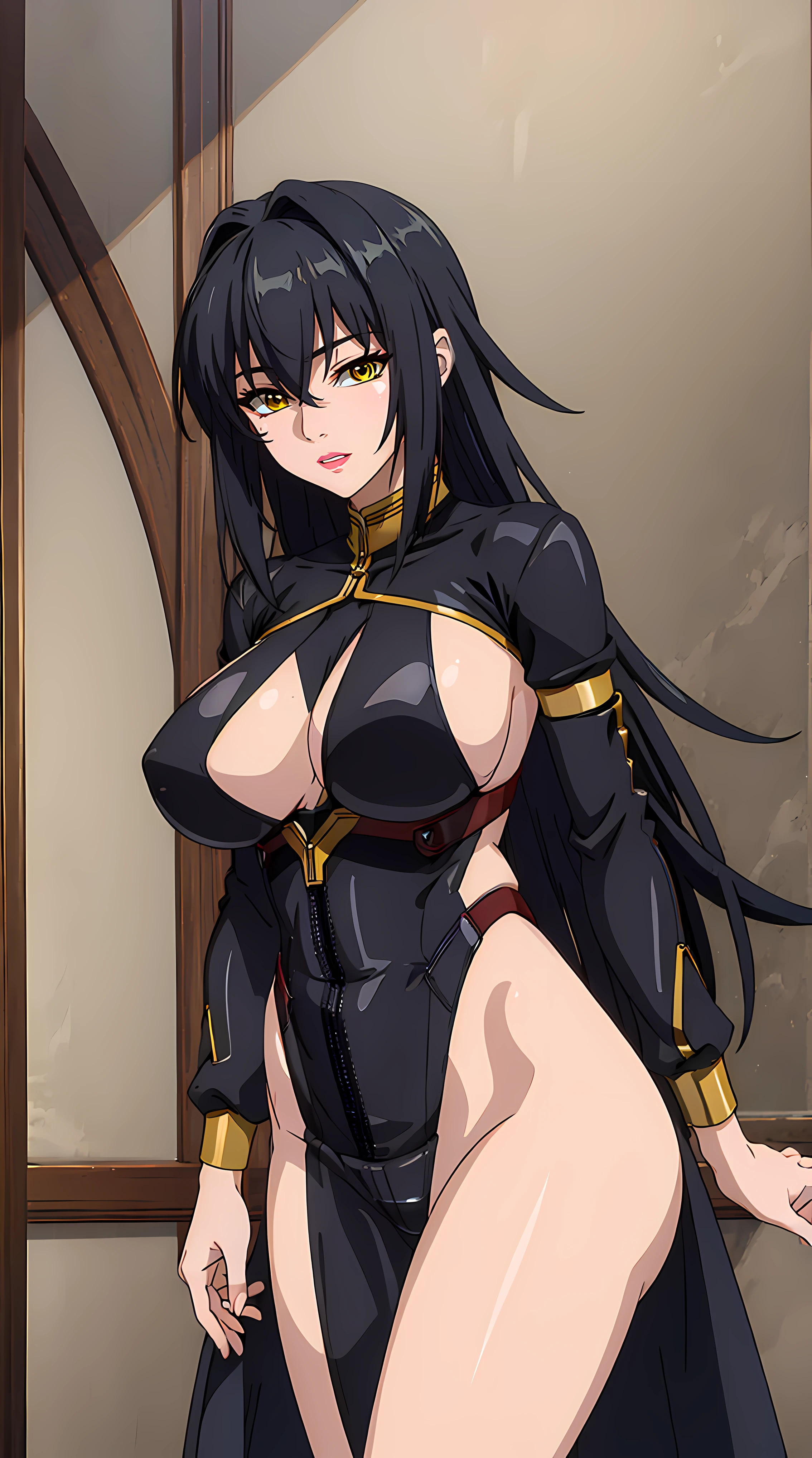 (masterpiece:1.4),(best quality:1.4), soft lighting, cinematic bloom, beautiful face, beautiful eyes, cowboy shot, studio, photo model,
Annerose, 1girl, solo, female mature, black hair, long hair, yellow eyes, large breasts, highleg leotard, black outfit, higheels, shiny clothes, skin tight, hair intakes, covered breasts, sideboob, extremely detailed character design CG unity 8k HDR, beautiful character design, professional art, (solo:1.5), (half body shot:1.1)