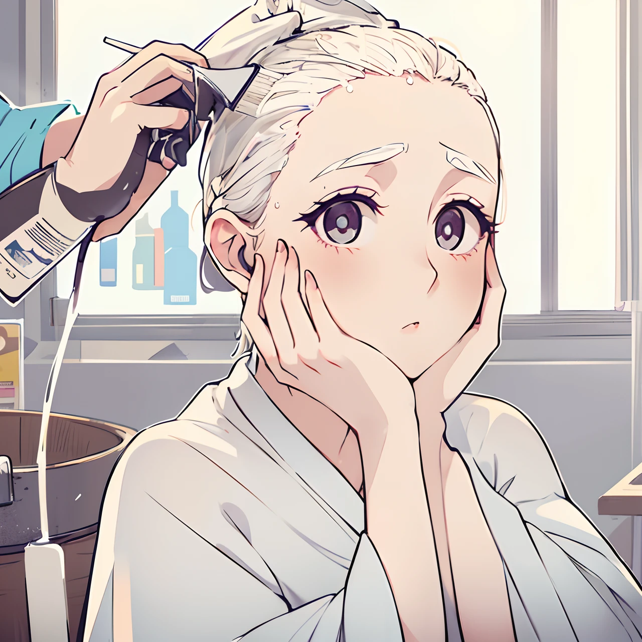 Woman with a large amount of bleach on her hair、Increase the amount of bleach fluid