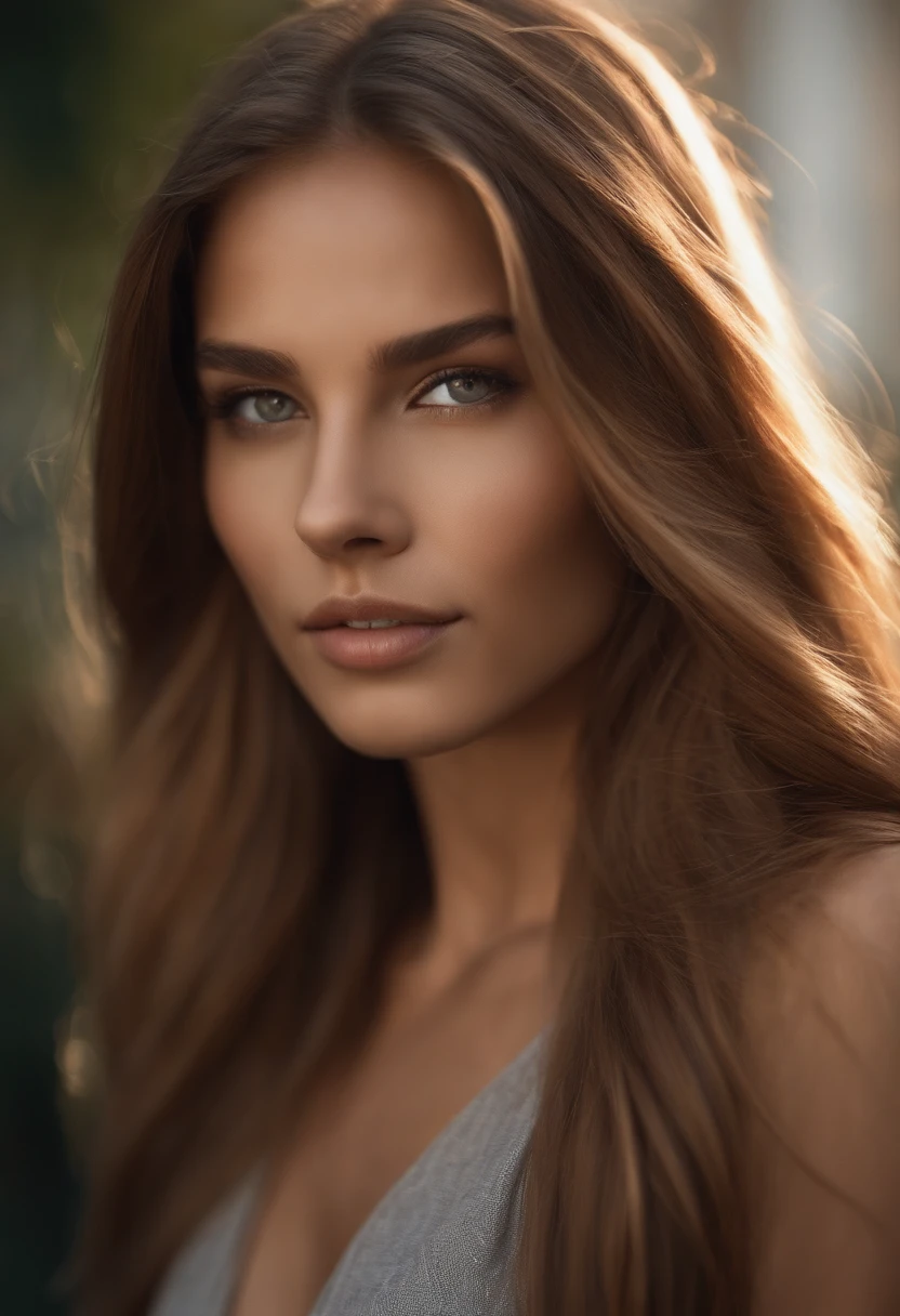 Natural photography of a girl, wearing a loose crop top, , long straight light brown hair with no volume, locks eyes into the camera, symmetrical fox eyes, high cheekbones, symmetrical face, photorealistic, photography, path tracing, specular lighting, volumetric face light, path traced hair, visible shadows, intricate, elaborate, street art background