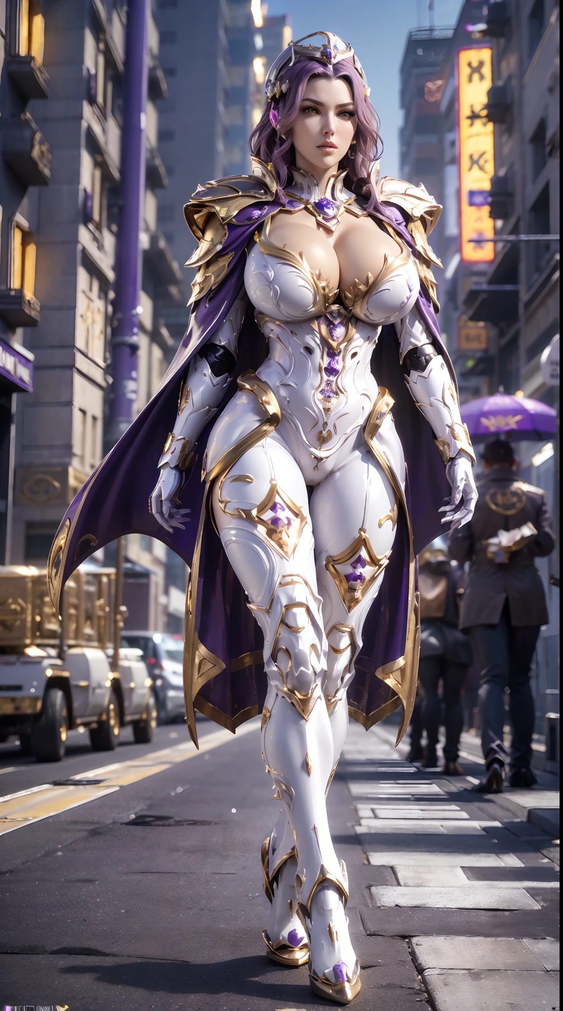 1GIRL, SOLO, (dark hair, hair gold ornament), (HUGE FAKE BOOBS:1.3), (white, purple, gold, FUTURISTIC DRAGON MECHA ARMOR SUIT, ROYAL CAPE, CLEAVAGE:1.5), (SKINTIGHT YOGA PANTS, HIGH HEELS:1.2), (NSFW GLAMOROUS BODY, SEXY LONG LEGS, FULL BODY:1.3), (FROM FRONT, LOOKING AT VIEWER:1), (WALKING DOWN ON STREET NIGHT CITY:1.3), PHYSICALLY-BASED RENDERING, ULTRA HIGHT DEFINITION, 8K, 1080P.