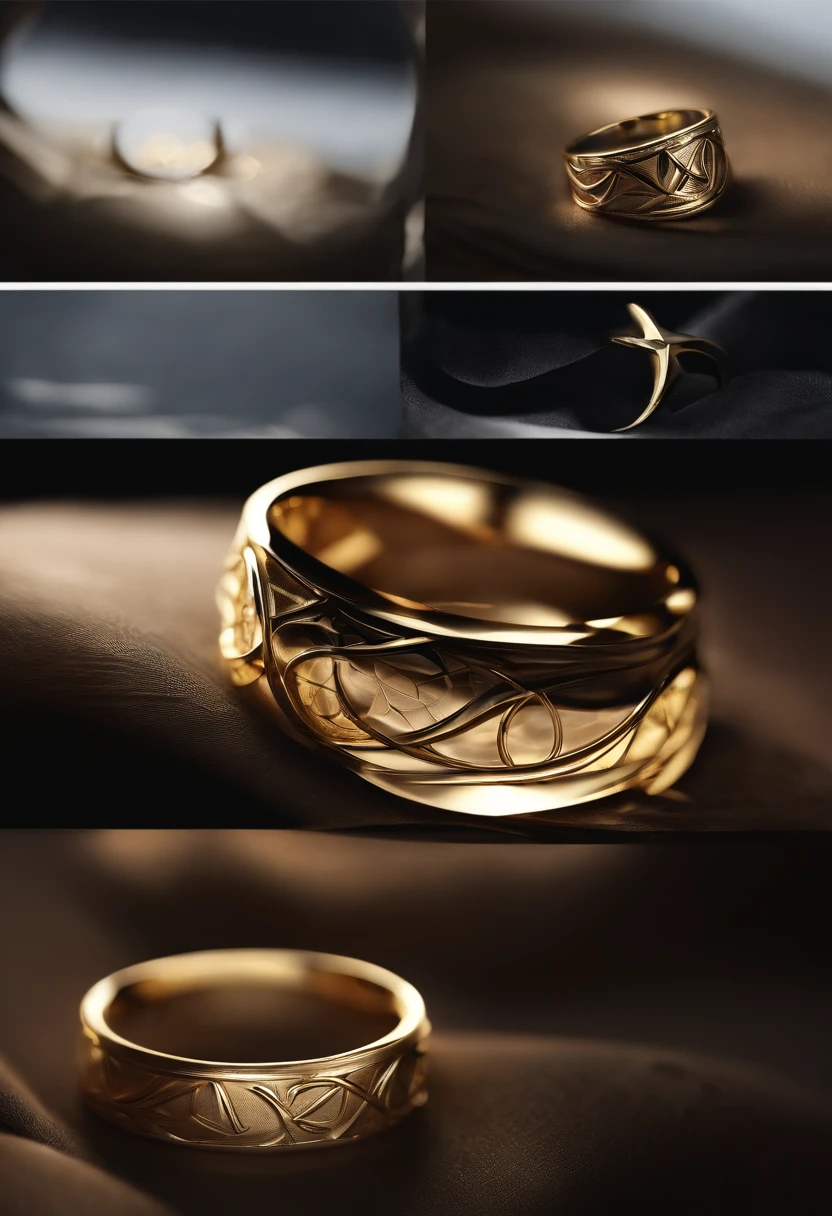 （（Ring design concept art）），Yellow gold ring，（（Ring concept blueprint）），,(Ring cross-sectional wave pattern and pentagram)，（（Master craftsmanship）），（Ring and hemming），Natural sunlight，Shining Effect