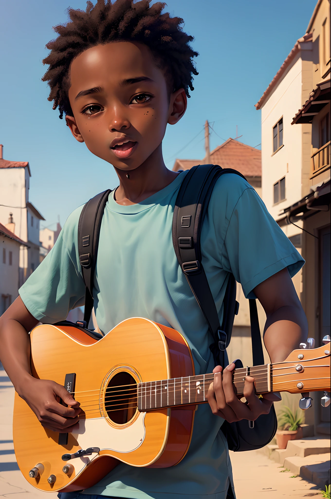 Illustration for the book,Dark-skinned boy with backpack singing on guitar on village background in cartoon style