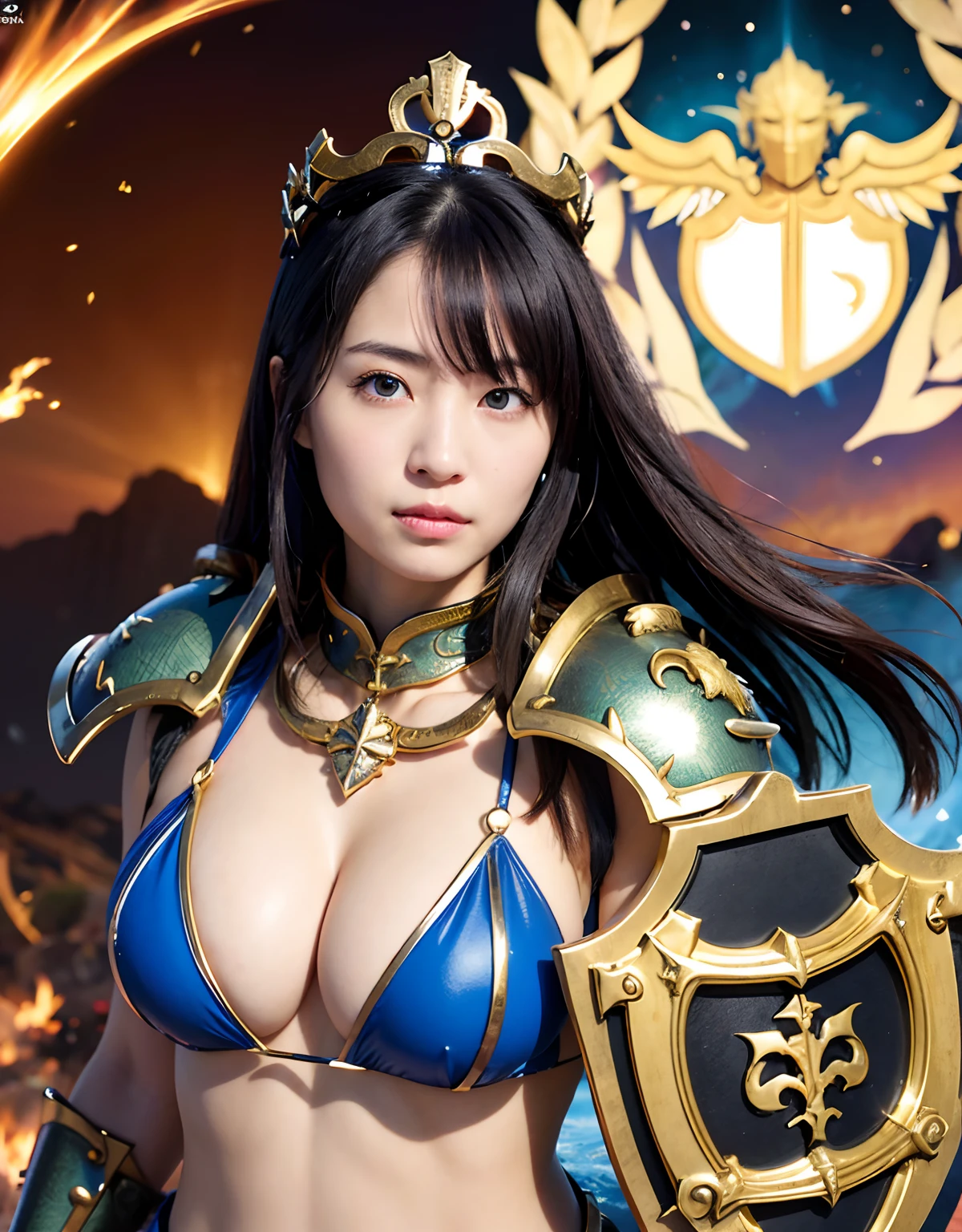 Professional , masterpiece、top-quality、photos realistic , 、top-quality、超A high resolution、(Photorealsitic:1.4)、Raw photo、depth of fields (Gemstone Gold Metal Body:1.9),(Matte White、Toostock、cleavage of the breast、(cleavage of the breast)、(((Micro Bikini Armor))),(Detailed Dragon Armor)、(Have the strongest weapon)、((Random Hairstyles 1.6),Dark Fantasy,)explosions、intense fighting、(Precipitous cliffs),Dragon Gold Weapon,Mystical expression、Particles of light、Fight dragons、(Detailed Dragon Helmet),Gorgeous Silver Weapons ,(( Dragon's dense and gorgeous sword)) , Beautiful knife ,warhammer 40k ,Detail and gorgeous crown、((Blue hair))、(Castle background)、、((Gangle's forest background))、Beautiful Caucasian beauty、1a person、dynamic ungle,(((With a detailed shield)))、Smaller head、A smile、Castle background、Thin and beautiful female hands、cleavage of the breast、Soldier in iron armor on background、Mystical expression、Light Effects、intense fighting、Wind-effect、magic circles、With the legendary magic wand、(demonic wings)、Toostock、
