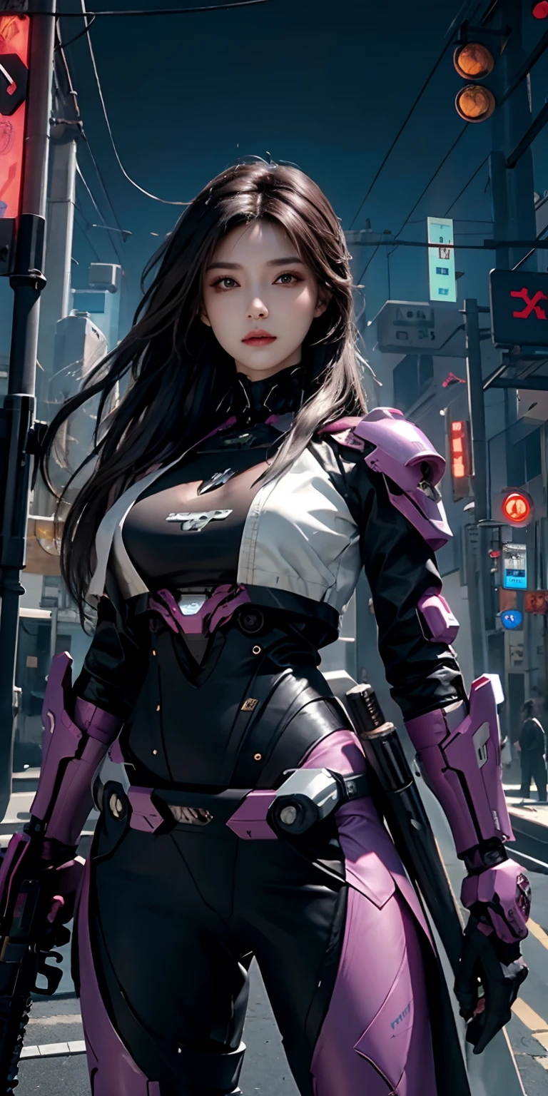 photorealistic, high resolution, soft light,1women, solo, hips up, (detailed face),purple long hair, cybersamurai, cyborg, cyberpunk,  cyber armor, holding weapon,glowing,gun, sniper, on the street