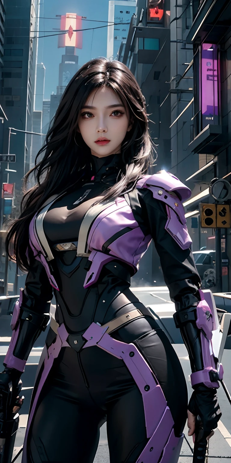 photorealistic, high resolution, soft light,1women, solo, hips up, (detailed face),purple long hair, cybersamurai, cyborg, cyberpunk, cyber armor, holding weapon,glowing,gun, sniper, on the street